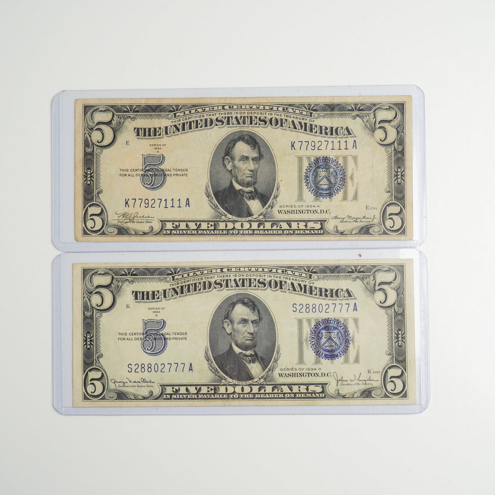 Two 1934-A & D US Five Dollars Silver Certificate Blue Seal Notes (1 of 2)