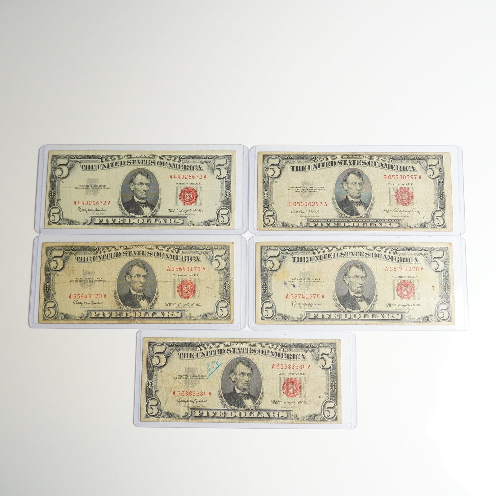 Five 1953 and 1963 US Five Dollars Red Seal Notes (1 of 2)