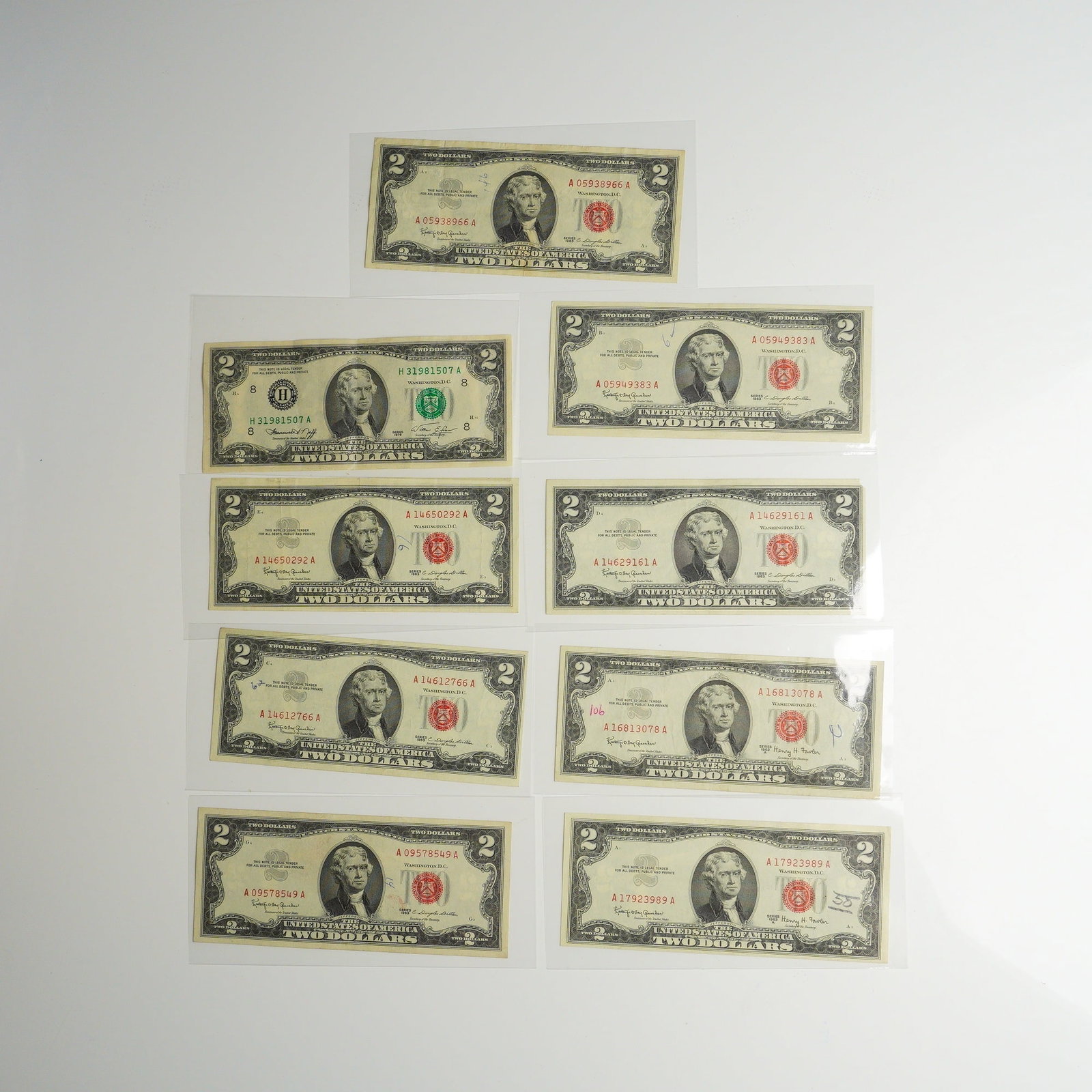 Nine 1963, 1963A & 1976 US Two Dollars Red Seal and 1 Green Seal Notes (1 of 2)