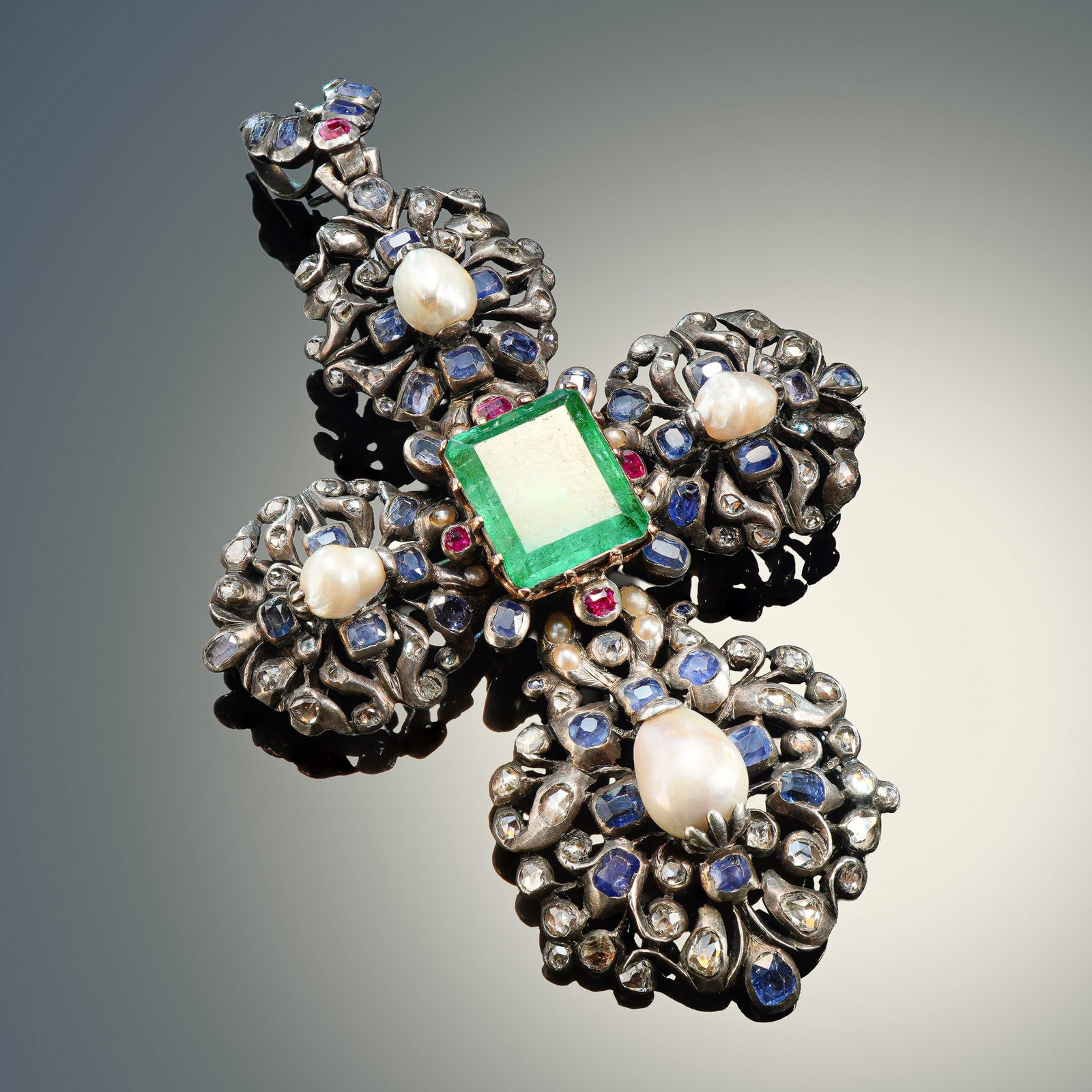 Late 17th C. Antique Comtesse de Comminges Iberian Silver Cross Brooch with Emeralds and Sapphires (1 of 8)