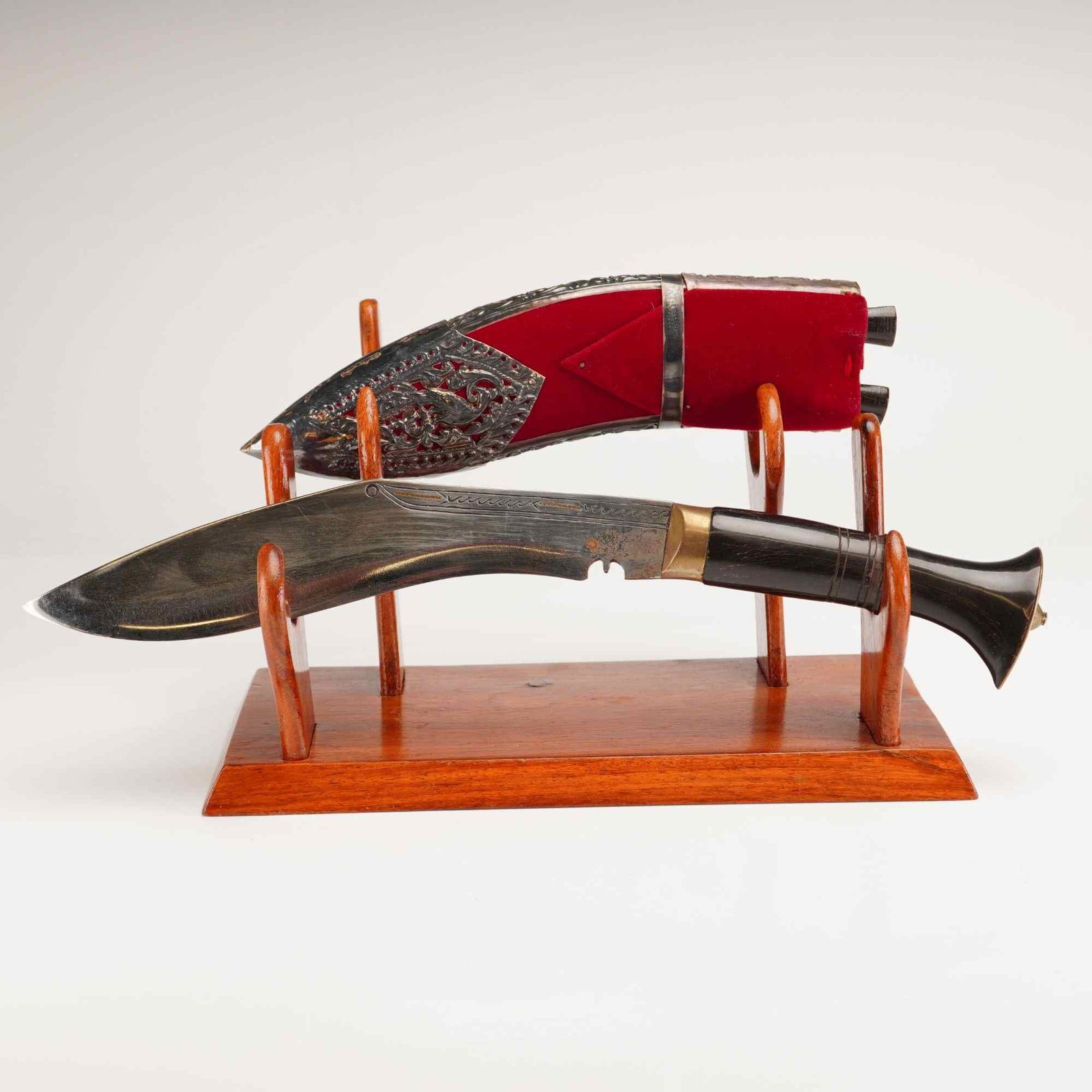 Nepalese Kukri Dagger with Velvet and High-Silver Alloy Scabbard and Display Stand (1 of 3)