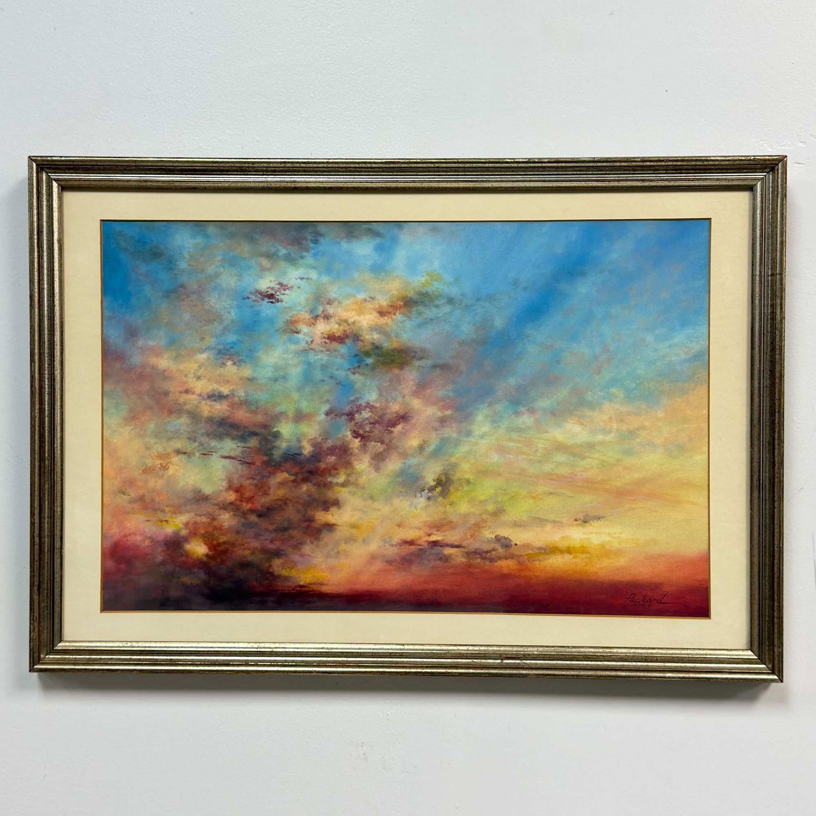 Jeffrey H. Packard (American b. 1951), Ethereal Cloud Composition, 1981: Jeffrey H. Packard framed artwork from the 1980s depicting ethereal cloud-like art. This atmospheric composition captures an expansive sky filled with dense cloud formations rendered in a palette of c