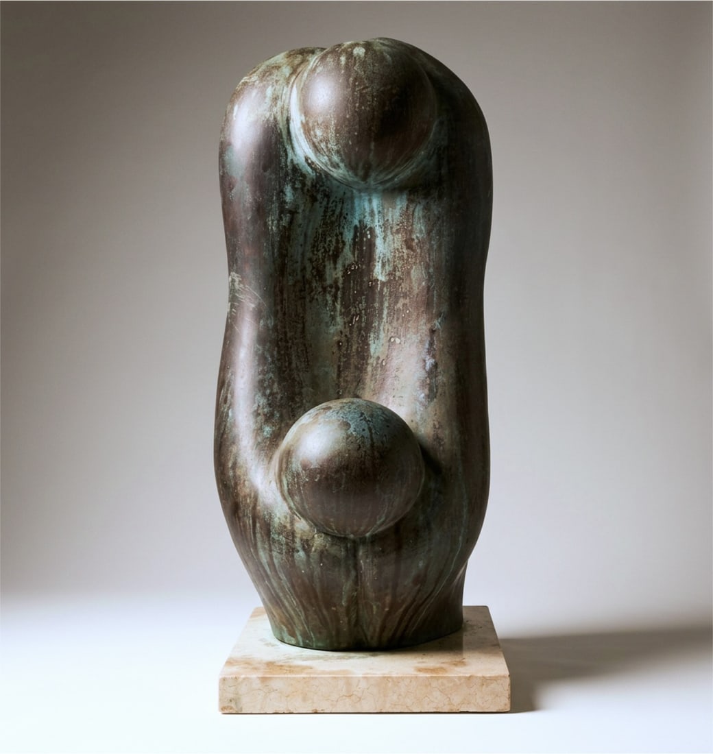 Arturo Di Modica Large Abstract Bronze Sculpture: A large cast bronze sculpture by Arturo Di Modica (Italian/American, 1941-2021). The piece is executed in an abstract, biomorphic style featuring rounded, organic masses and a central vertical form wi
