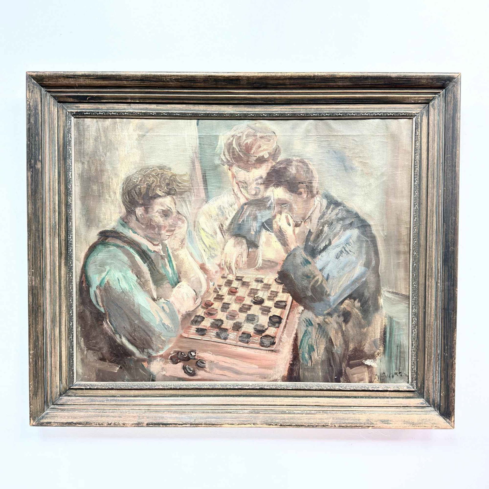 Maurice Sievan (American, 1898-1981) Checkers Game Watercolor on Canvas (1 of 4)