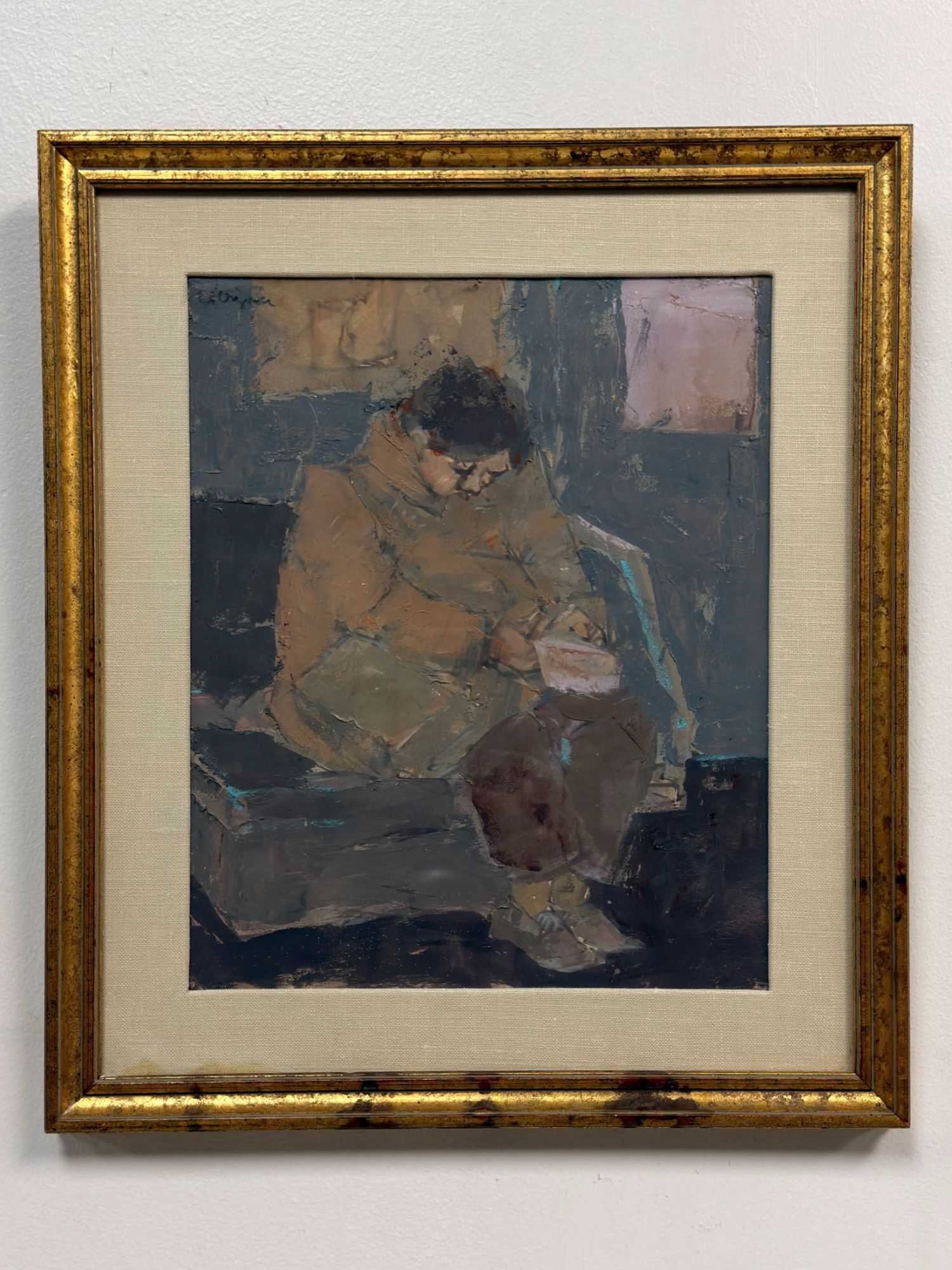 Hank Virgona (American, 1929-2019), Seated Figure, Oil on Board: This original oil on board painting is by the American artist Hank Virgona (1929-2019). The work features a seated figure dressed in a heavy, earth-toned garment, depicted with their head bowed in a q