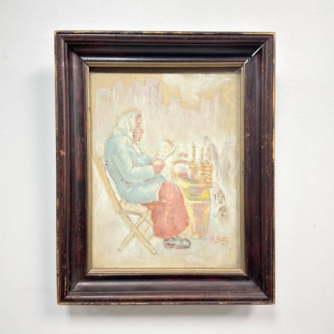 Harry Zitter (American, 1898-1989) Oil on Board, Old Woman Sitting and Reading: This oil on board painting by Harry Zitter (American, 1898-1989), depicts an elderly woman in a light blue coat and headscarf. Per provided information, the subject is portrayed sitting and reading wh