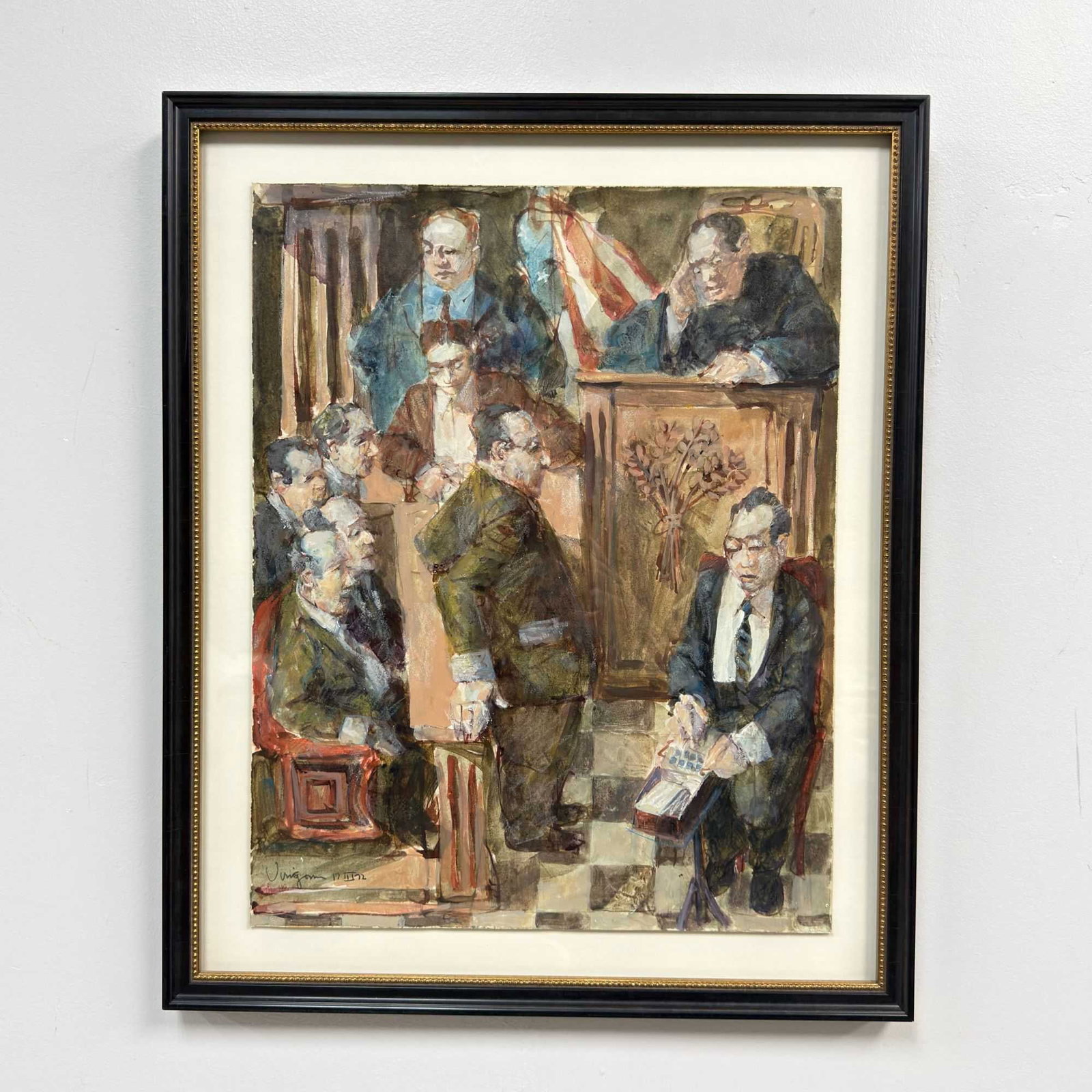 Signed Hank Virgona (American, 1929-2019) 'Courtroom Scene': This original mixed media artwork on paper is by American artist Hank Virgona (1929-2019). Executed in watercolor and gouache, the expressionistic composition depicts a dynamic scene inside a courtroo