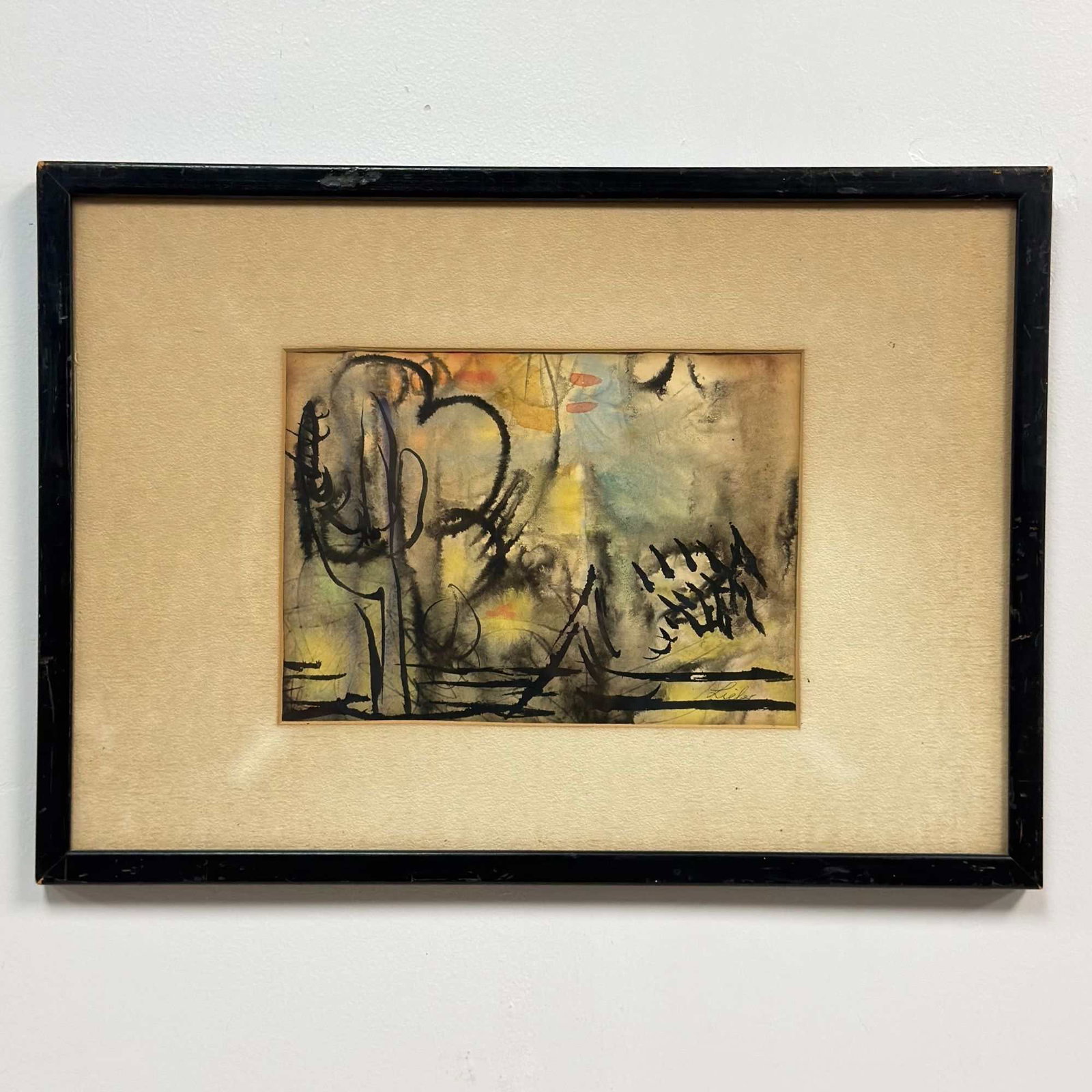 Lieber, Abstract Expressionist Watercolor and Ink on Paper: An abstract composition in watercolor and ink on paper, signed Lieber. The work displays gestural, calligraphic black brushstrokes over atmospheric washes of yellow, blue, and sienna. This artwork ref