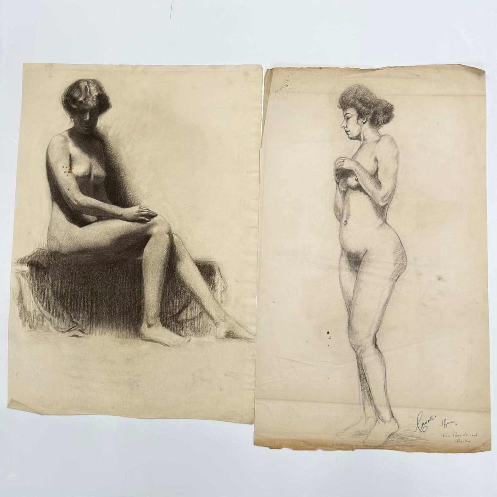 2pc Angelo Comolli (Italian, 1863-1949), Original Academic Nude Women Life Drawings (1 of 9)