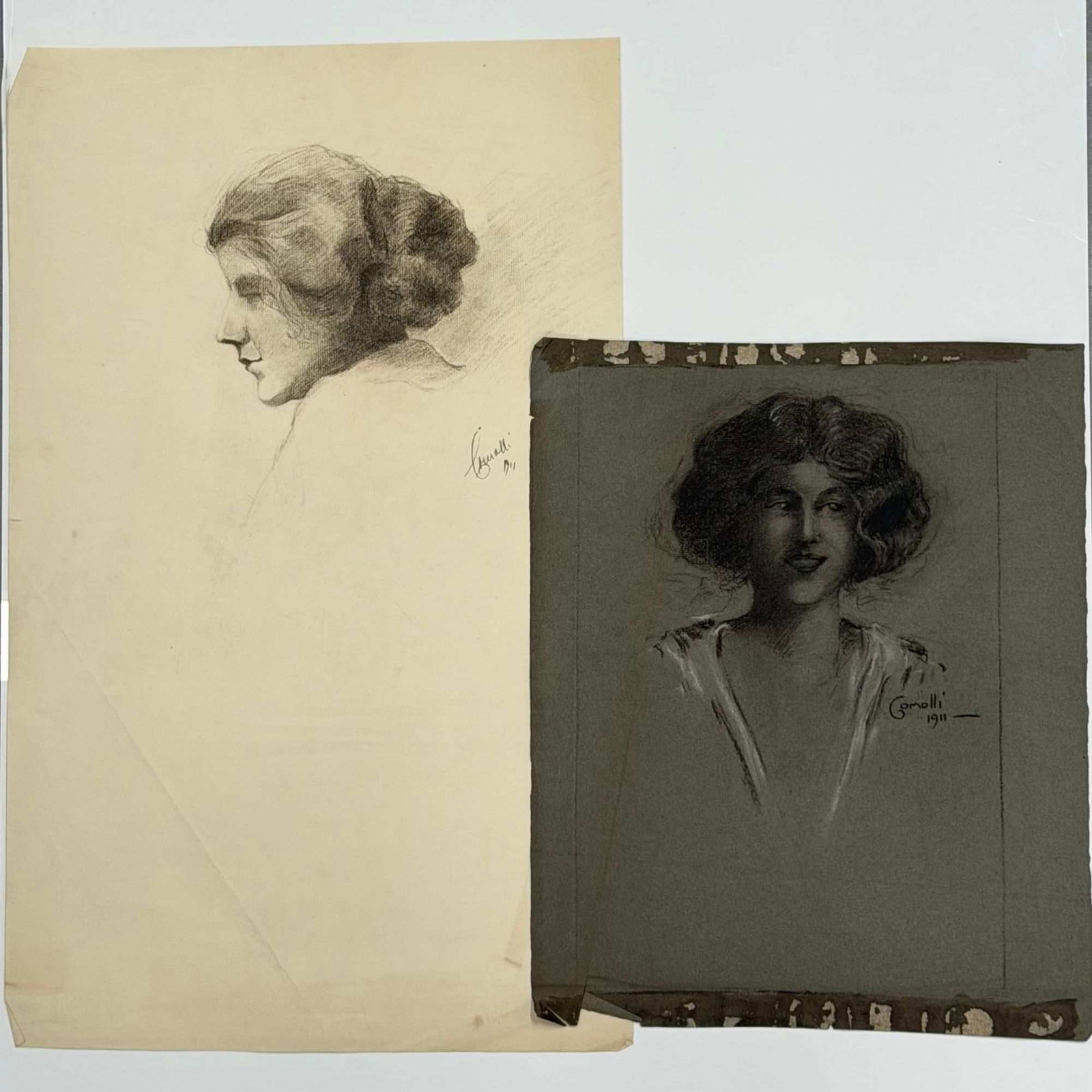 2pc Angelo Comolli (Italian, 1863-1949), Original Female Portrait Drawings (1 of 6)