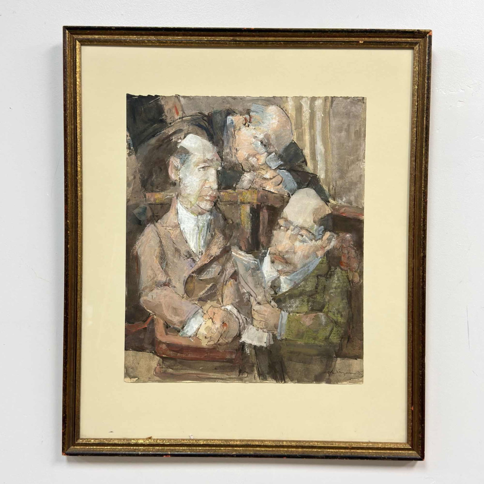 Hank Virgona (American, 1929-2019), Framed Original Mixed Media Courtroom Scene: An original mixed media artwork by Hank Virgona (American, 1929-2019) depicting a scene inside a courtroom. The work is executed on heavy, textured paper, likely cold-press watercolor paper. The compo