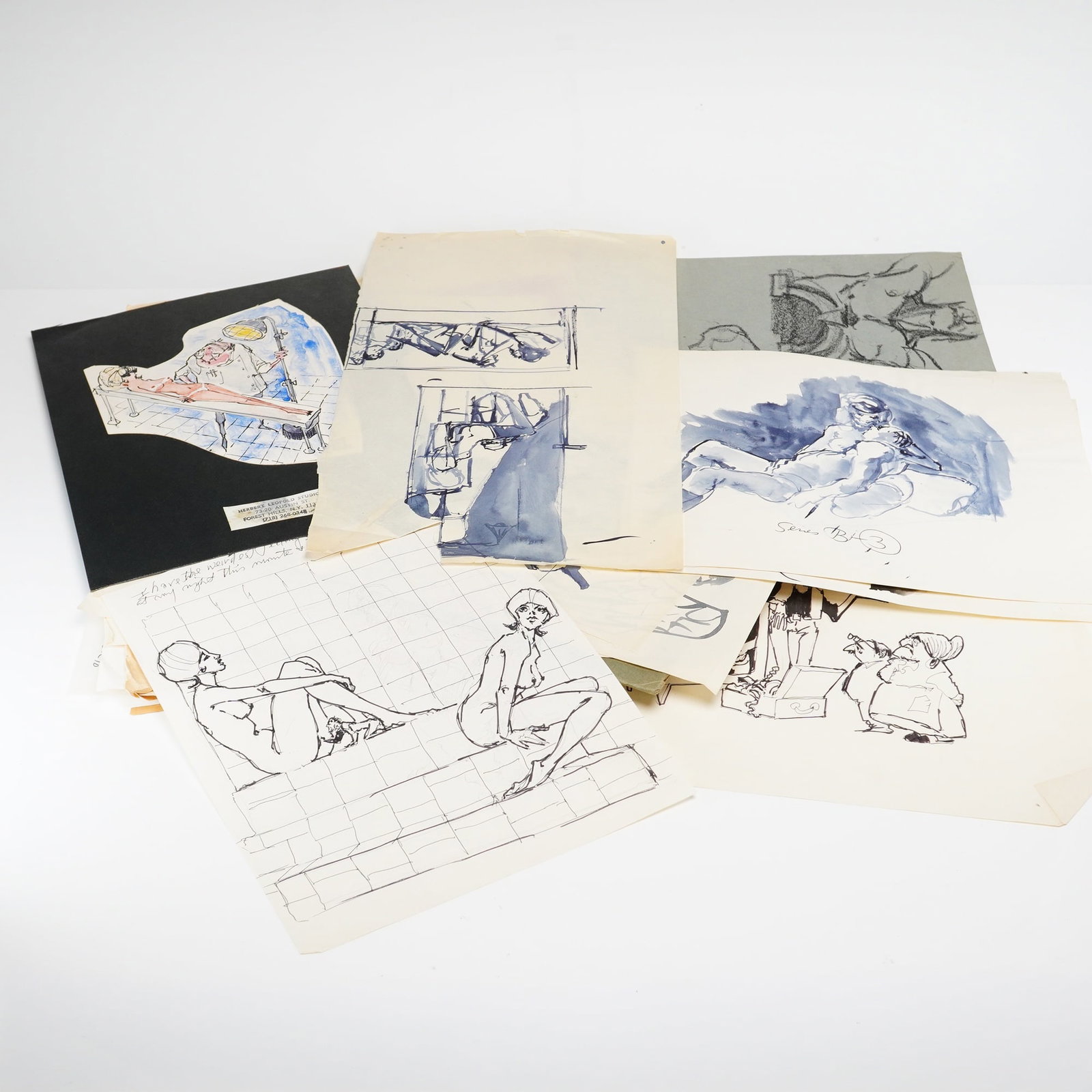 A Collection of Herbert Leopold Original Drawings Sketches and Studies: This collection consists of original drawings, sketches, and studies by American illustrator Herbert Leopold. The works are executed in ink, pen and wash, watercolor, pastel, charcoal, and graphite on