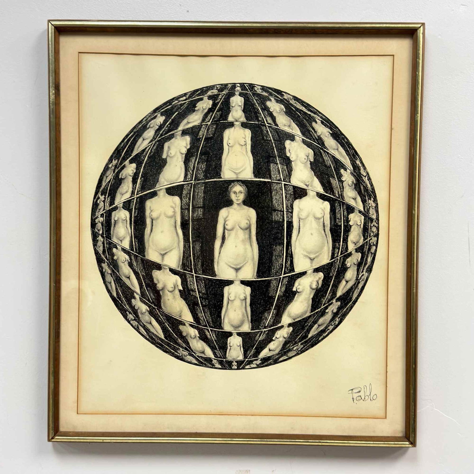 Pablo (20th Century), Surrealist Fish-eye Perspective Drawing of Multiple Nude Figures (1 of 3)