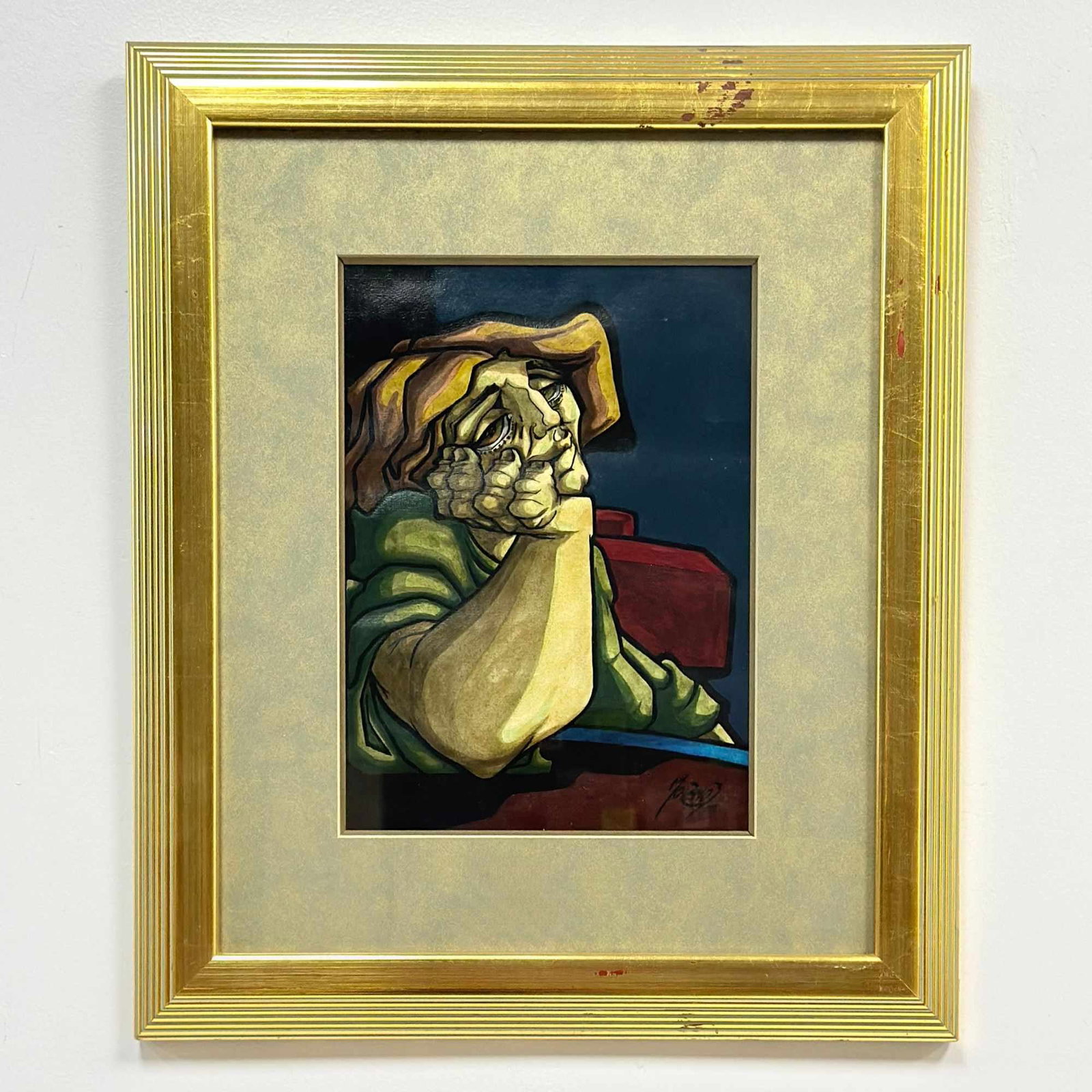 Ricardo Moreno Blanco (Argentine, b. 1943), La Silla Roja, Mixed Media on Paper: This original mixed media work, titled La Silla Roja (The Red Chair), is by Argentine artist Ricardo Moreno Blanco. Executed in ink and acrylic on cotton paper, the composition features a contemplativ