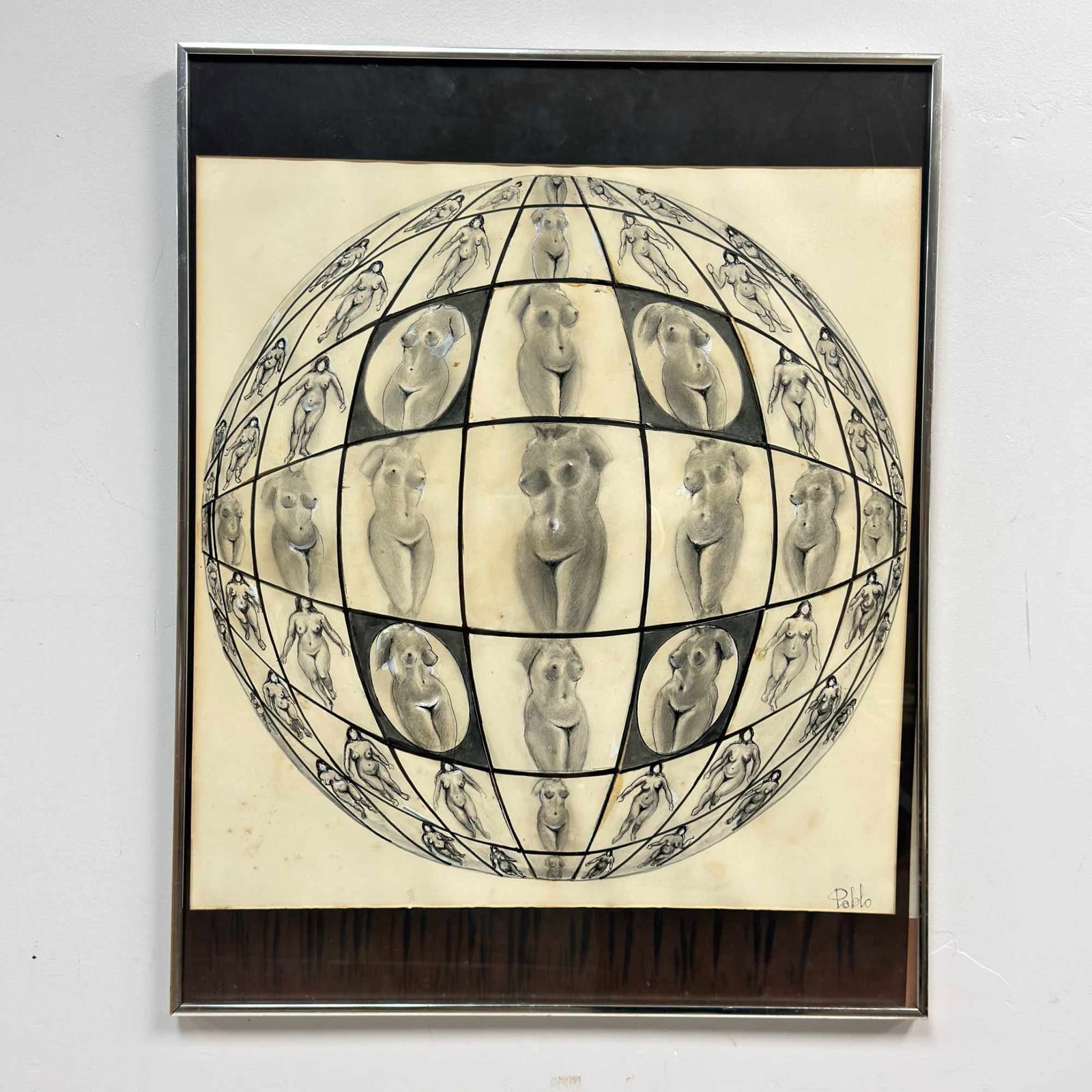 Pablo, Multiple Nude Figural Studies in Fish-Eye Perspective, Mixed Media Drawing (1 of 4)