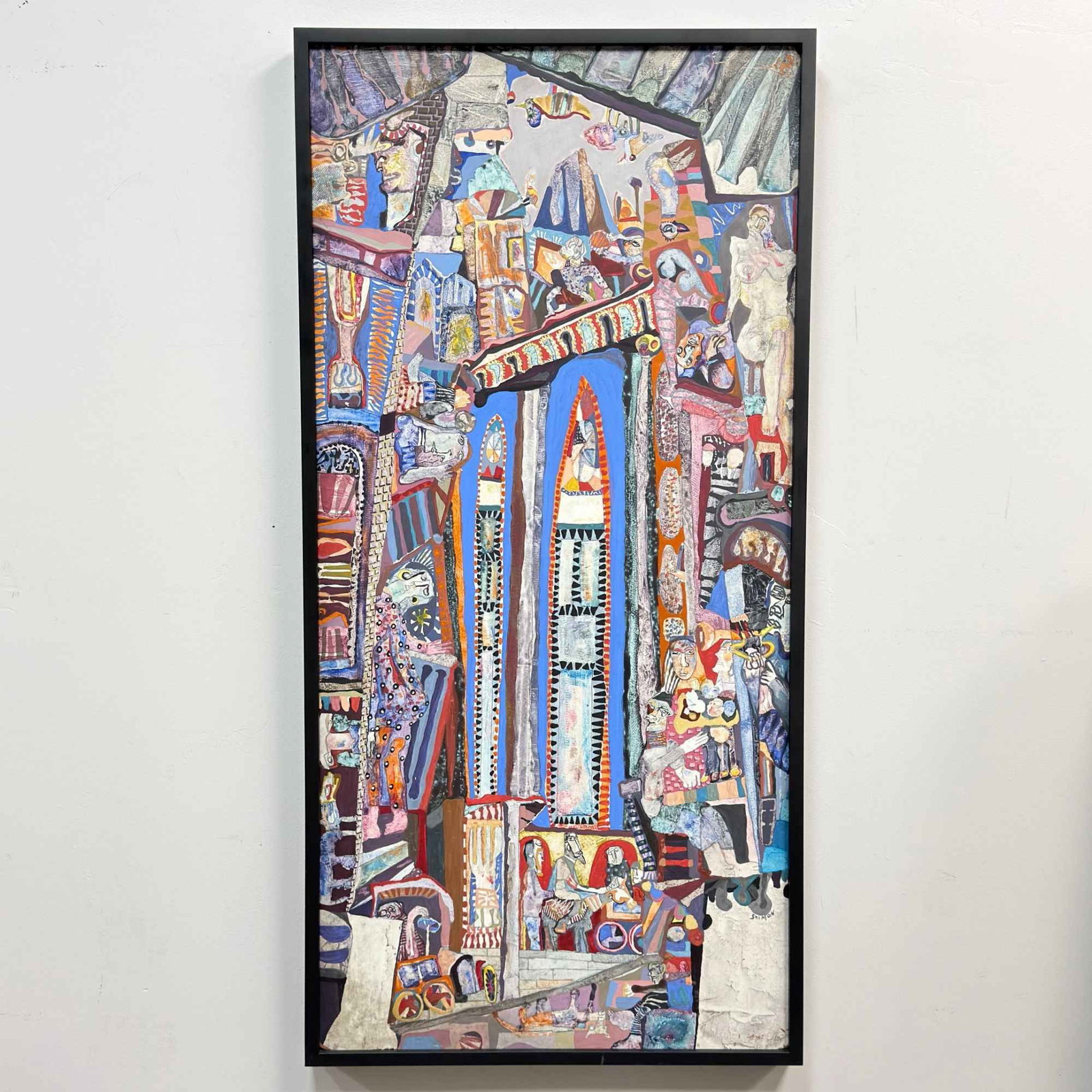 Paul Shimon (American, 1922-2011), Tall Mixed Media on Board: A tall gouache and graphite work by American artist Paul Shimon (1922-2011). The work features a dense, kaleidoscopic composition that merges figurative elements with architectural motifs in a style i