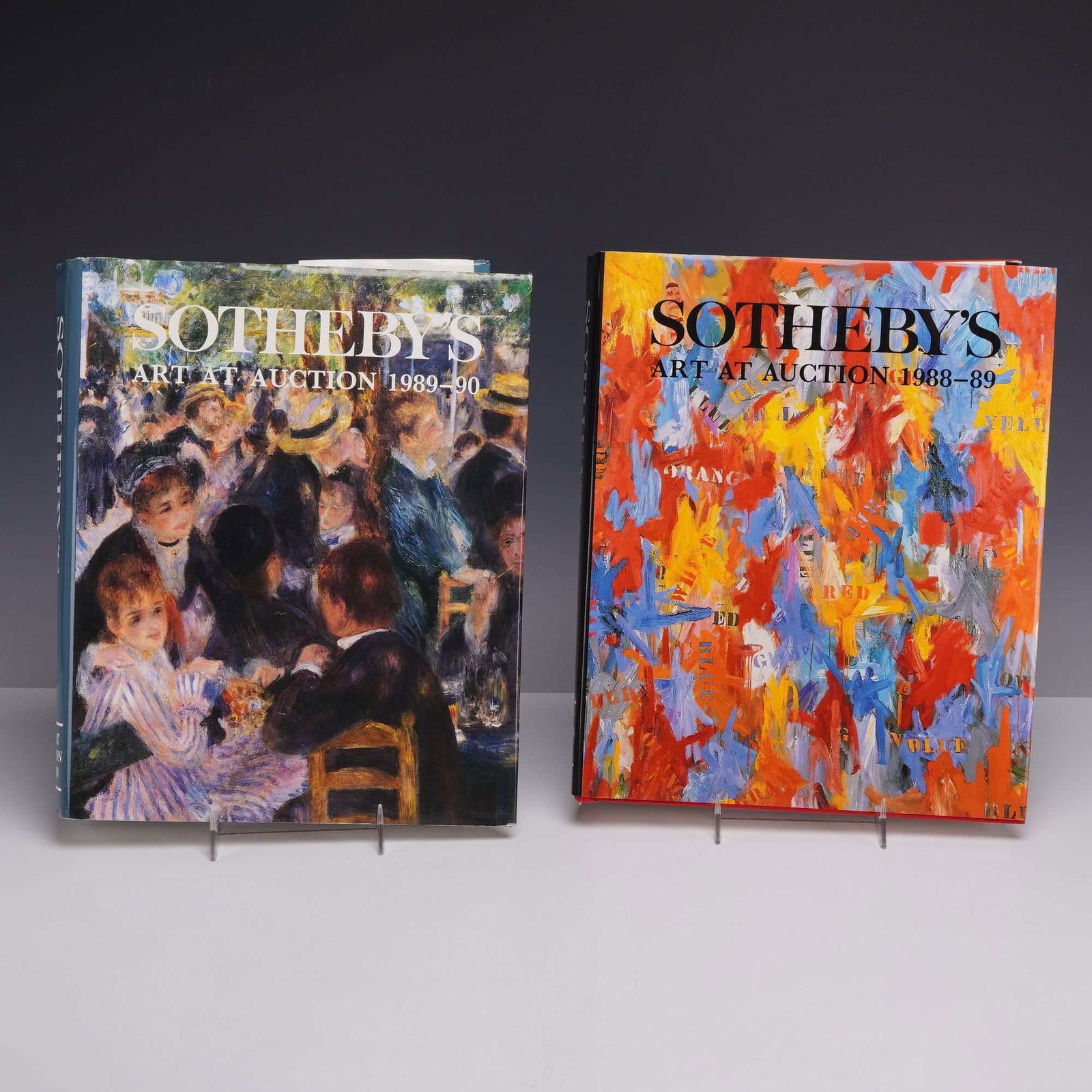 2pc Sotheby's Auction Books, Liddell, S. and Prideaux, S. Sotheby's Art at Auction 1988-89 and: This two-piece set of Sotheby's Art at Auction books documents the 1988-89 and 1989-90 auction seasons. The 1988-89 volume is edited by Sally Liddell and features a dust jacket illustrated with Jasper