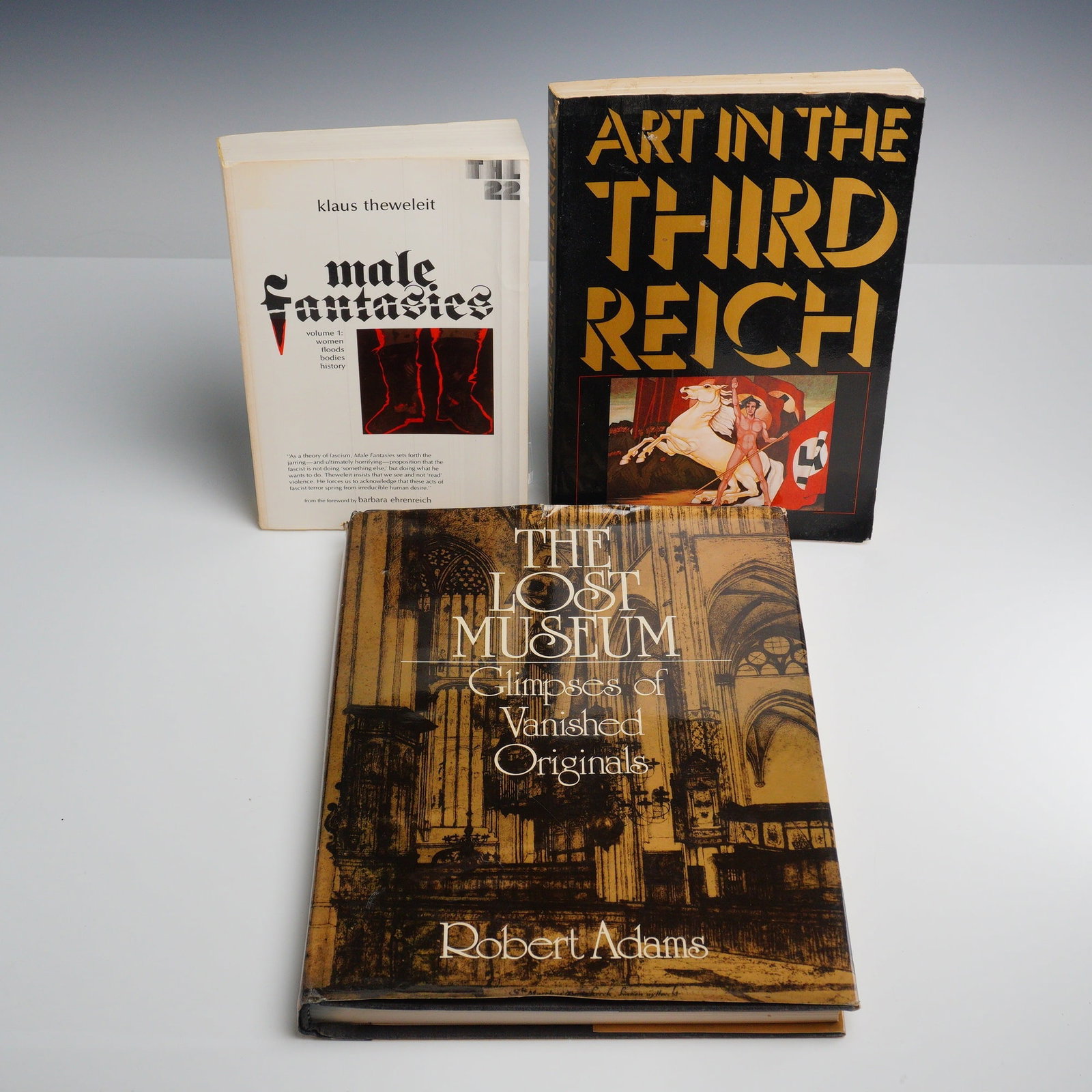 3pc Books on Fascism and Art: This 3pc collection of books includes both hardcover and paperback editions focused on art history and sociological theory. The lot features The Lost Museum: Glimpses of Vanished Originals by Robert