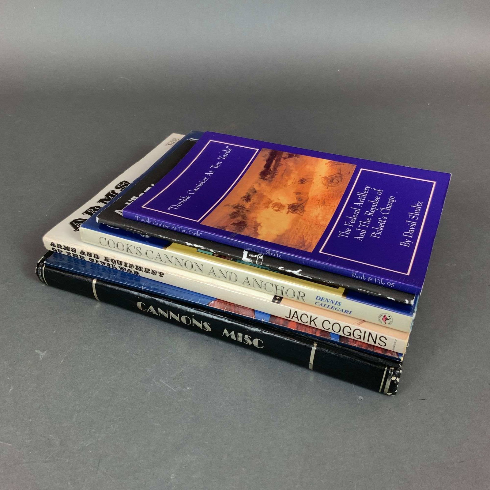 6pc Artillery and Firearms Reference Books and Auction Catalogs: This collection of six printed reference works and research materials focuses on historical military artillery, Civil War equipment, and sporting firearms. It includes Arms and Equipment of the Civil