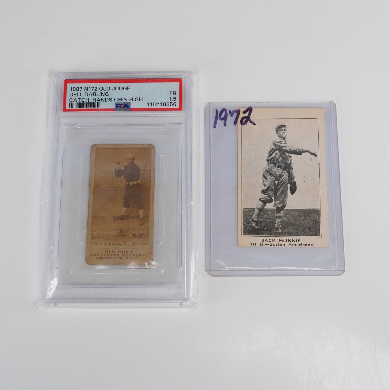 2pc Sporting Cards, 1887 N172 Old Judge Dell Darling and 1972 TCMA Jack McInnis: This lot consists of two baseball cards, including an original 19th-century issue and a modern reprint. The first is an 1887 N172 Old Judge Dell Darling baseball card produced by Goodwin & Company. It