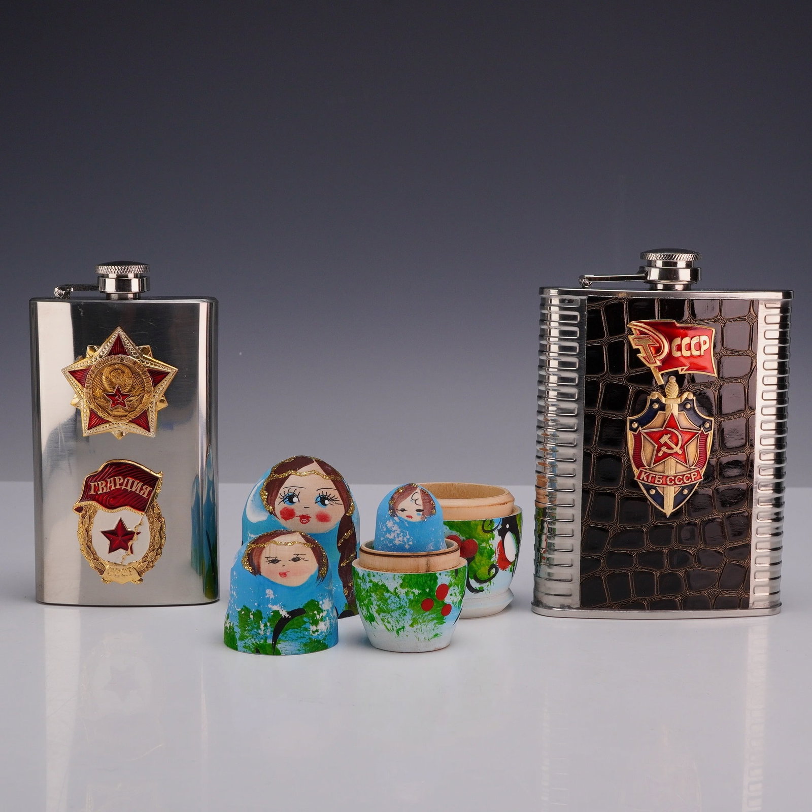 3pc Russian Souvenir Grouping Including Nesting Dolls and Flasks (1 of 4)