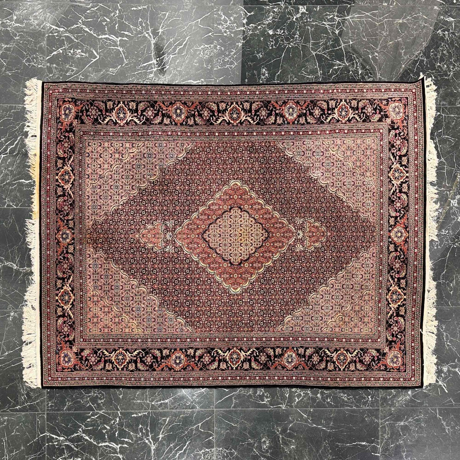 Large Fringed Persian Tabriz Mahi Hand Knotted Wool Rug (1 of 6)