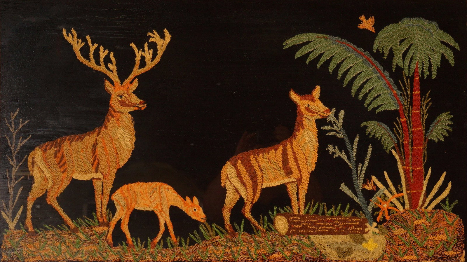 Wool Needlework Shadow Box Deer Family in Palm Tree Forest (1 of 7)