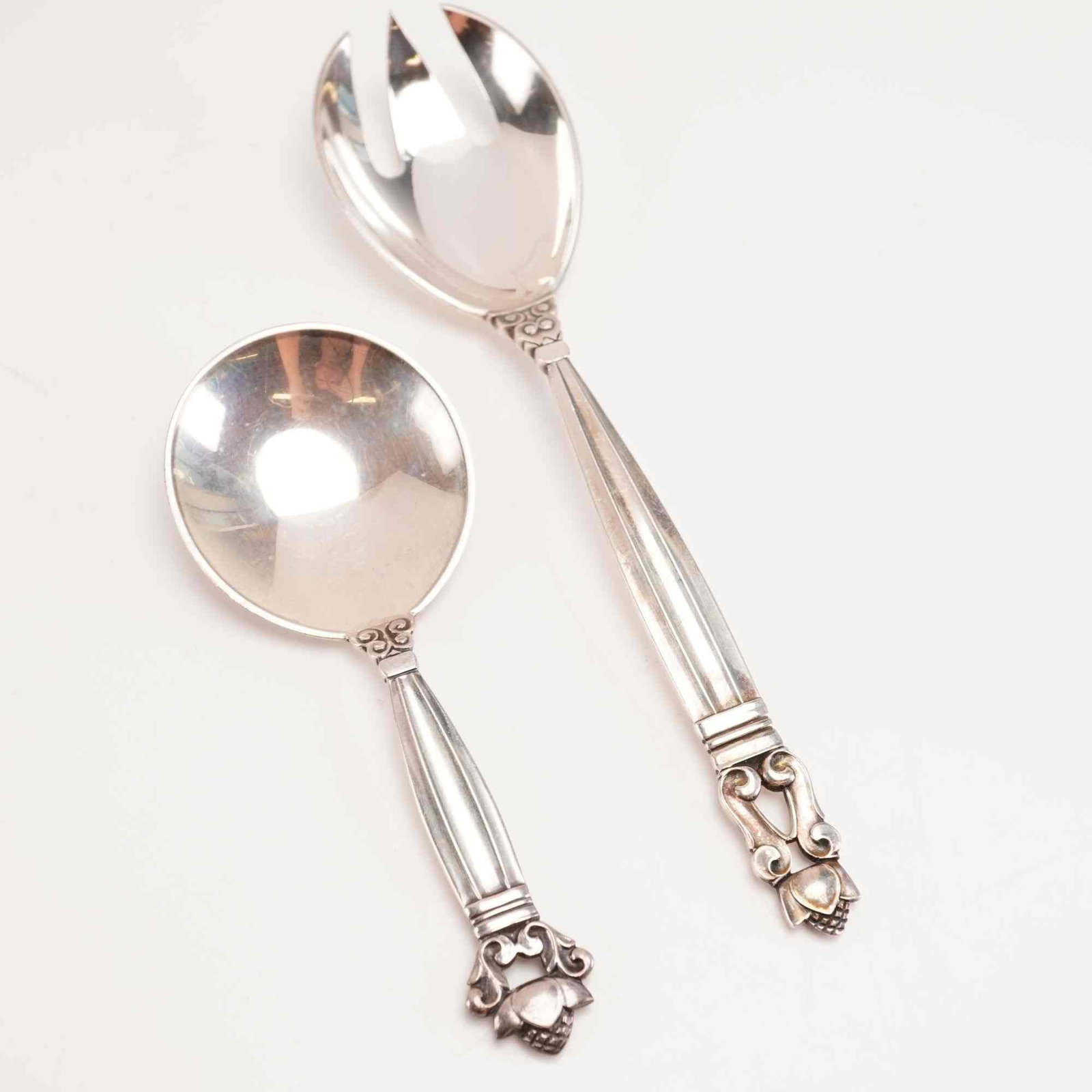 2pc George Jensen Sterling Silver Sugar Spoon and Spork, Acorn (1 of 4)