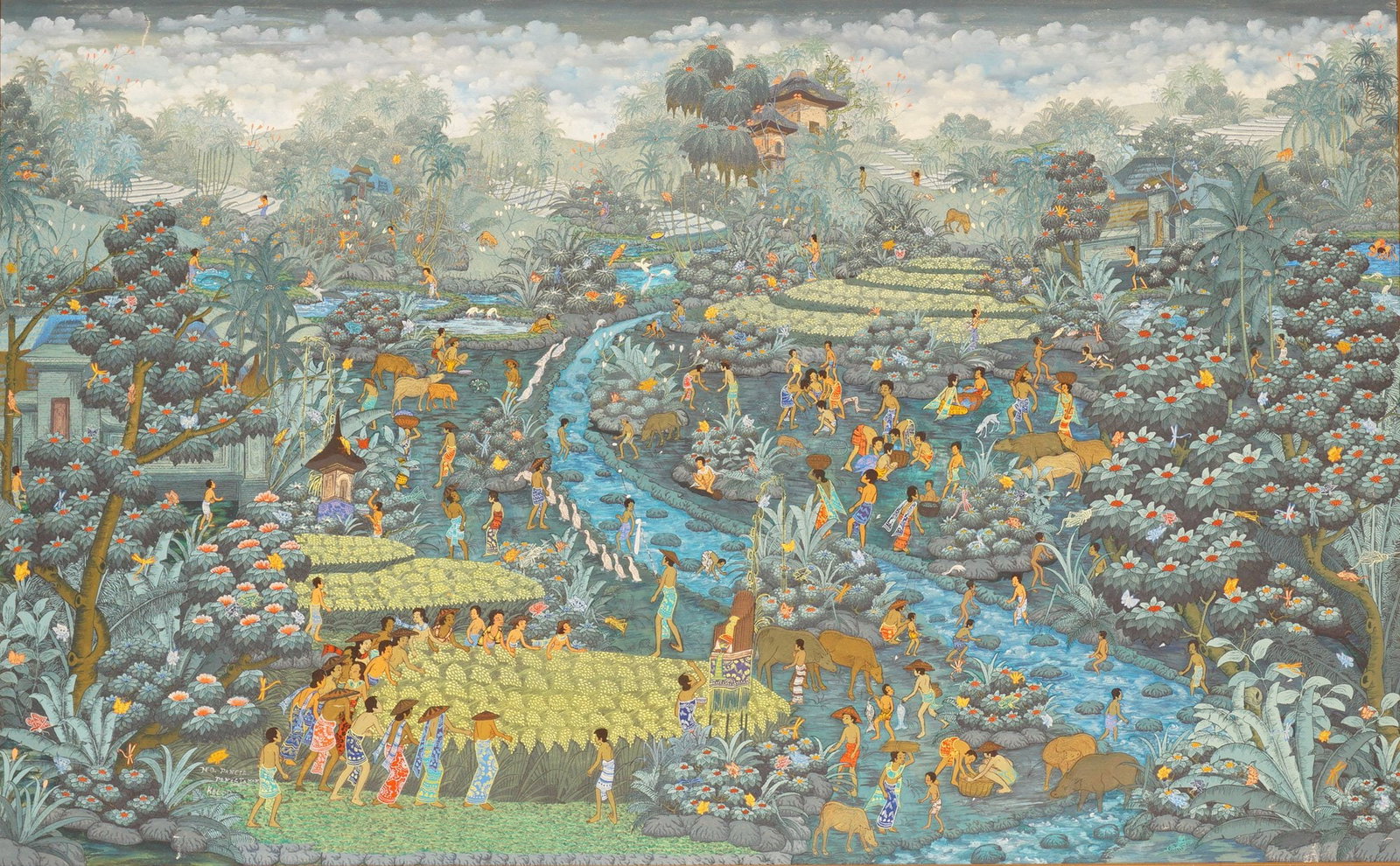 M.D. Pancir, Balinese Painting, Harvest & River Village Scene, Signed (1 of 6)