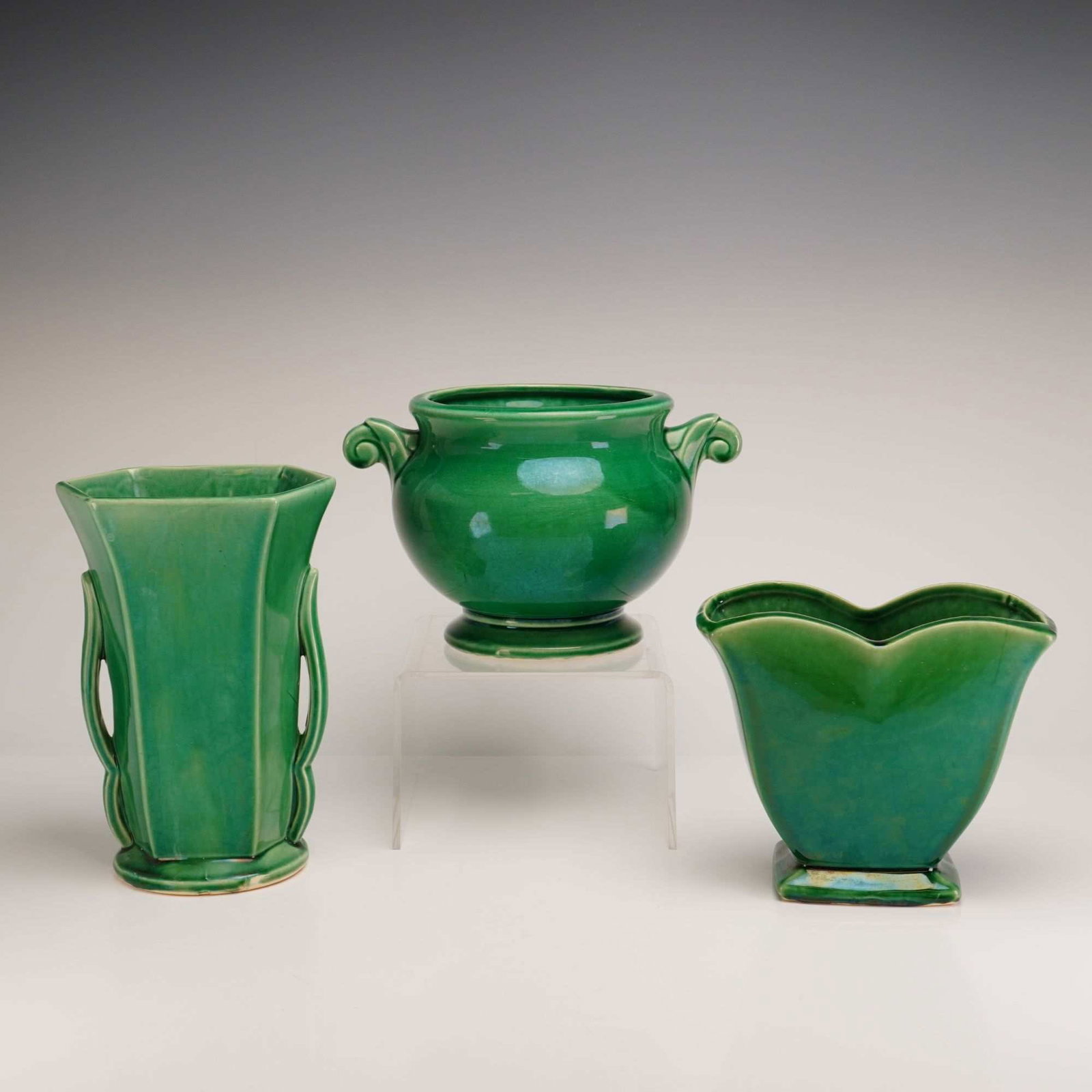 Three-Piece McCoy Green Glazed Pottery Grouping Including Two Vases and a Cachepot (1 of 3)