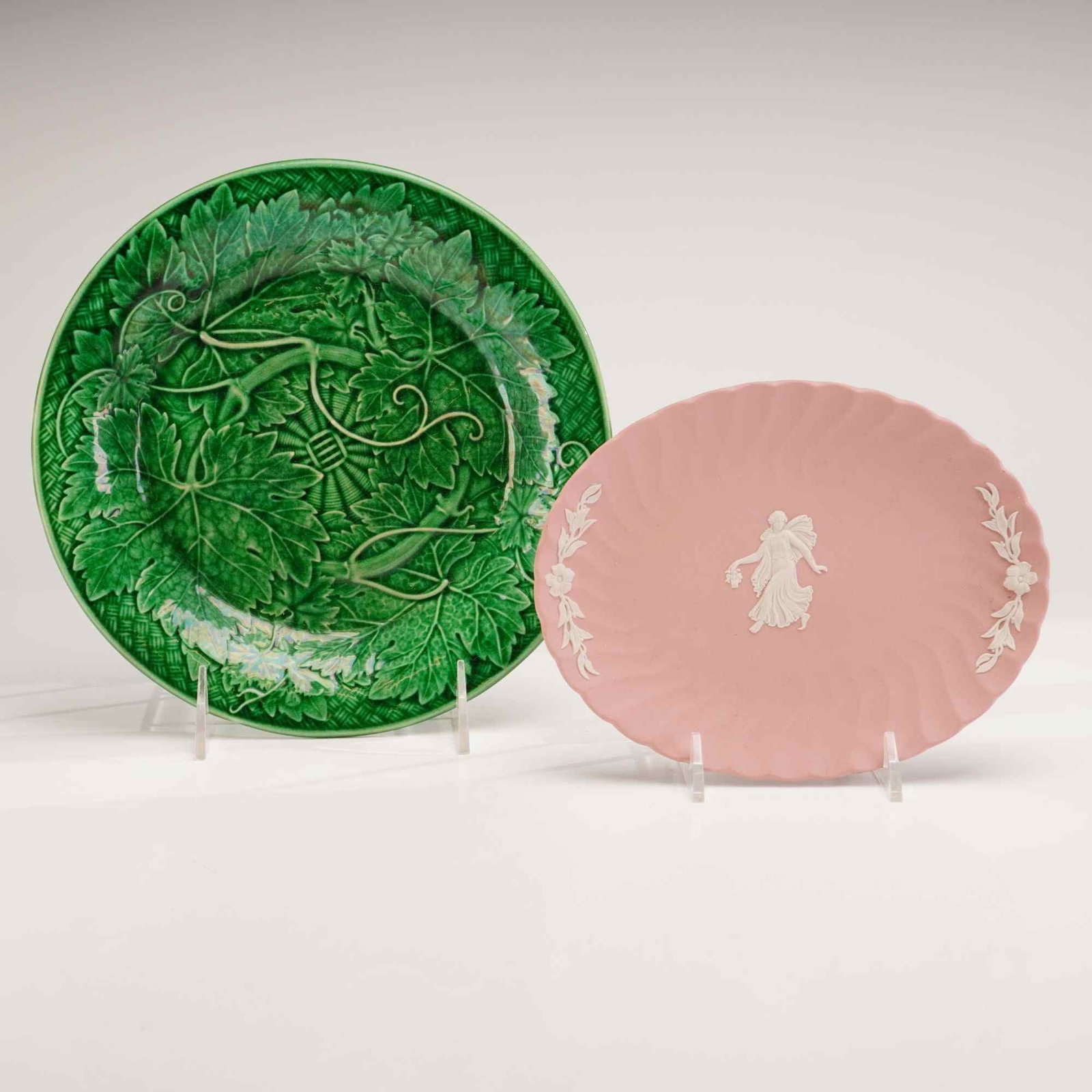 Two-Piece Wedgwood Plates including Pink and White Jasperware Oval Dish and Green Majolica Leaf (1 of 3)