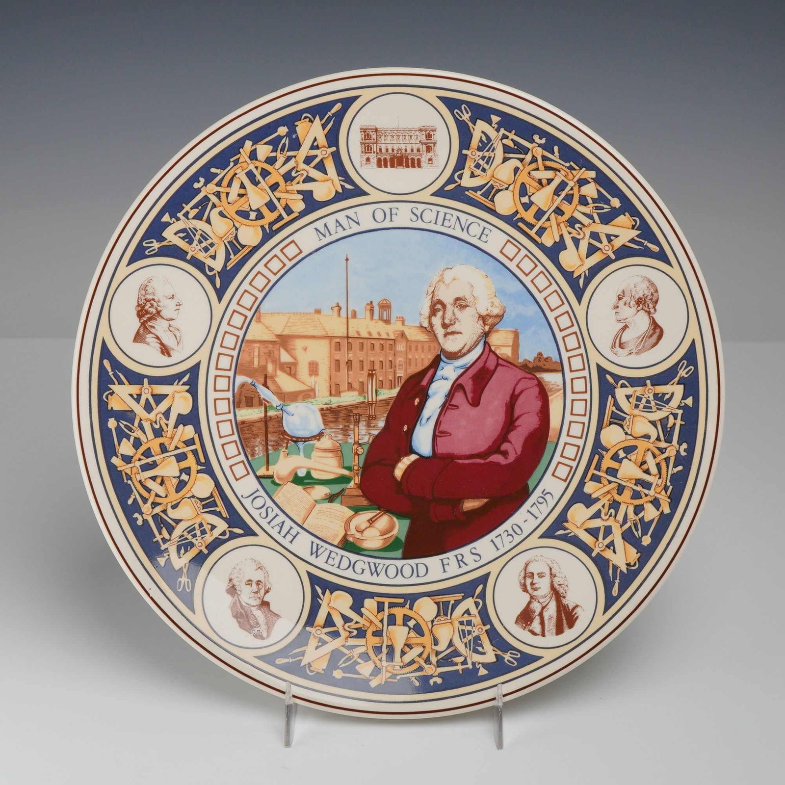 Josiah Wedgwood FRS Man of Science Cabinet Plate: A commemorative decorative cabinet plate manufactured by Wedgwood, titled Man of Science and celebrating Josiah Wedgwood FRS (1730-1795). The piece is crafted from fine earthenware with multi-color tr