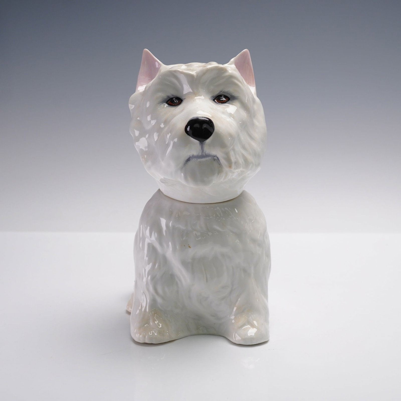 Royal Adderley Bone China Decanter, West Highland Terrier: Charming Royal Adderley bone china decanter in the form of a West Highland Terrier dog. The decanter is finely detailed with a glossy white glaze, modeled with alert expression, upright ears, and life