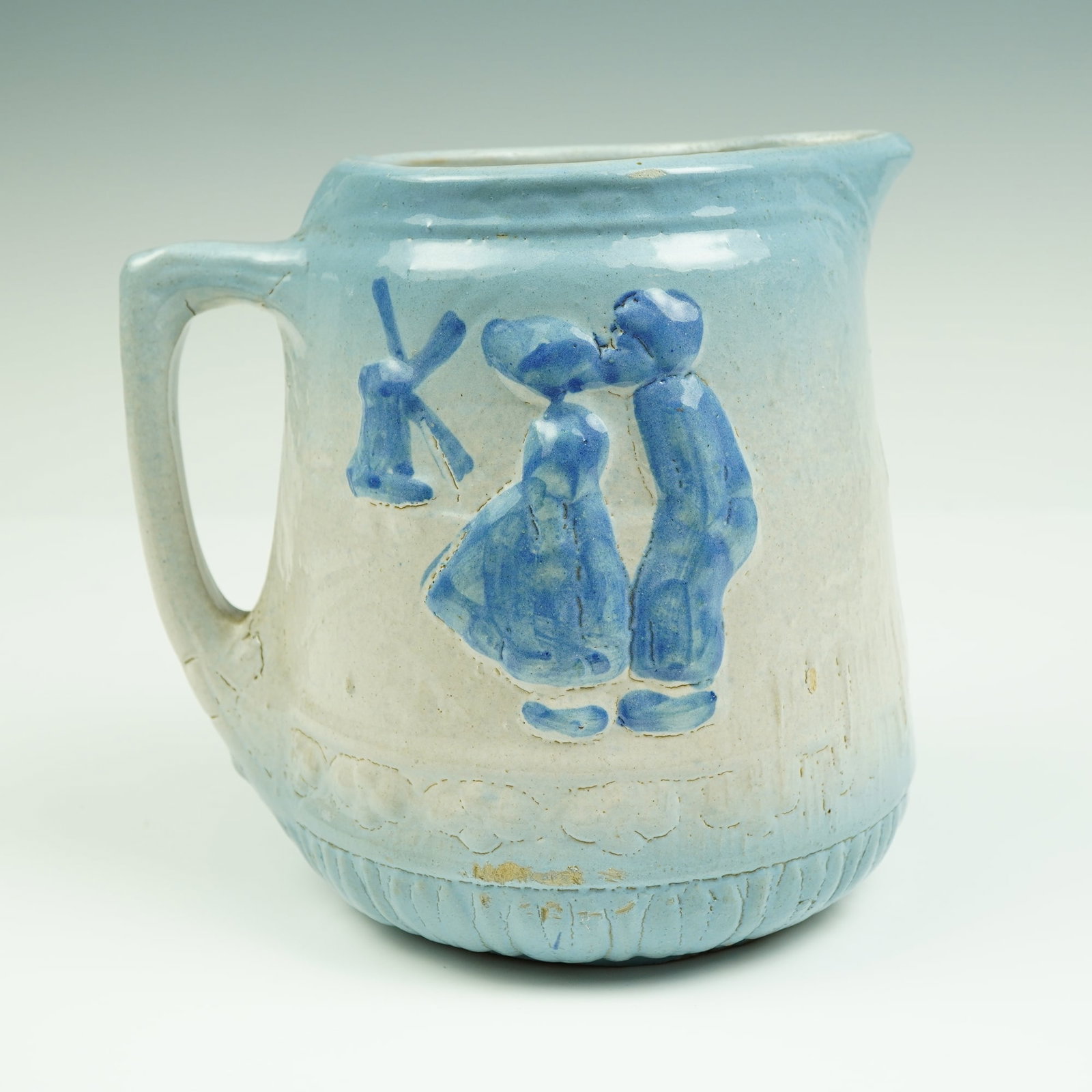 Blue & Grey Salt-Glazed Stoneware Pitcher w/ Dutch Kissing Couple (1 of 4)