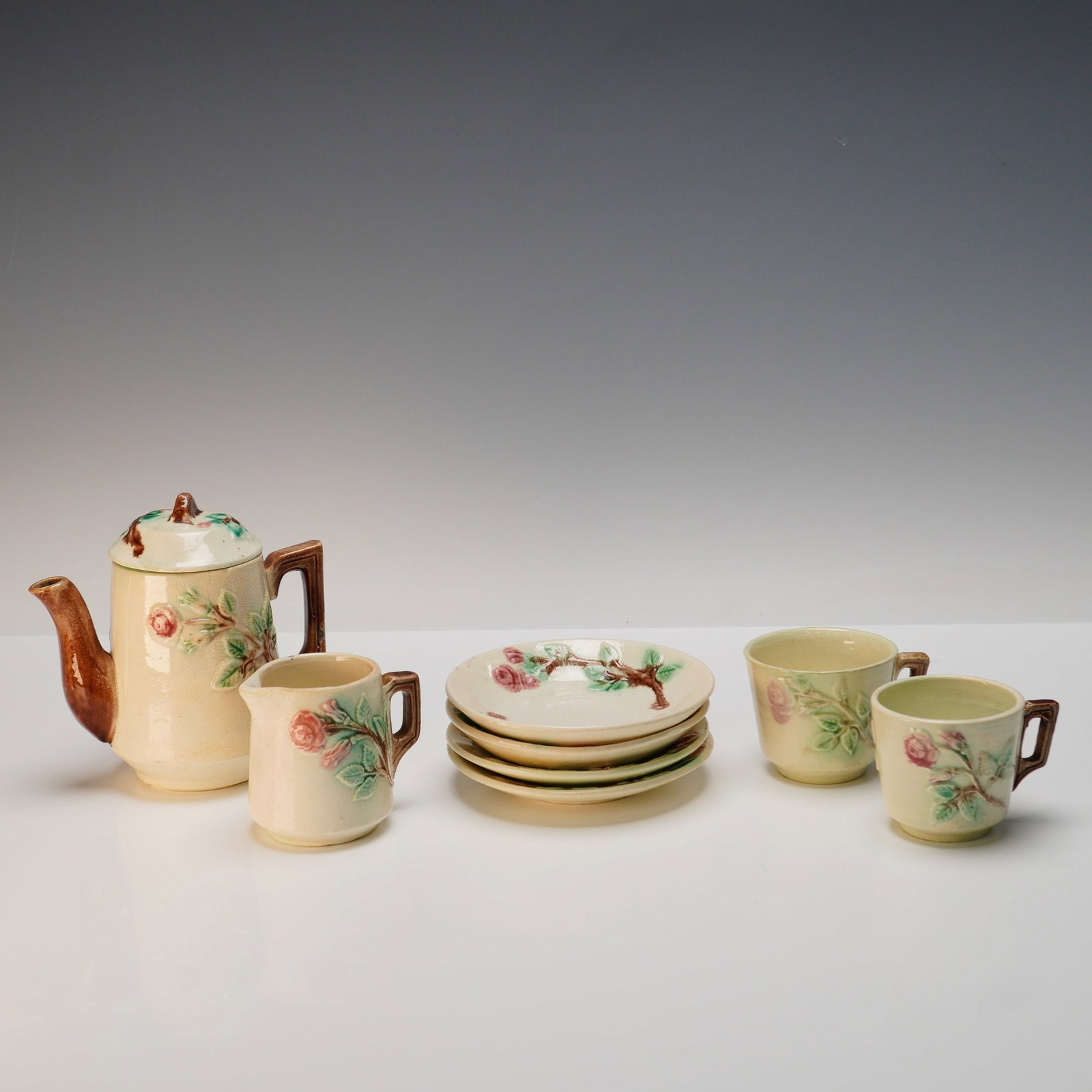 9pc Majolica Rose Design Pottery Child's Tea Set (1 of 5)