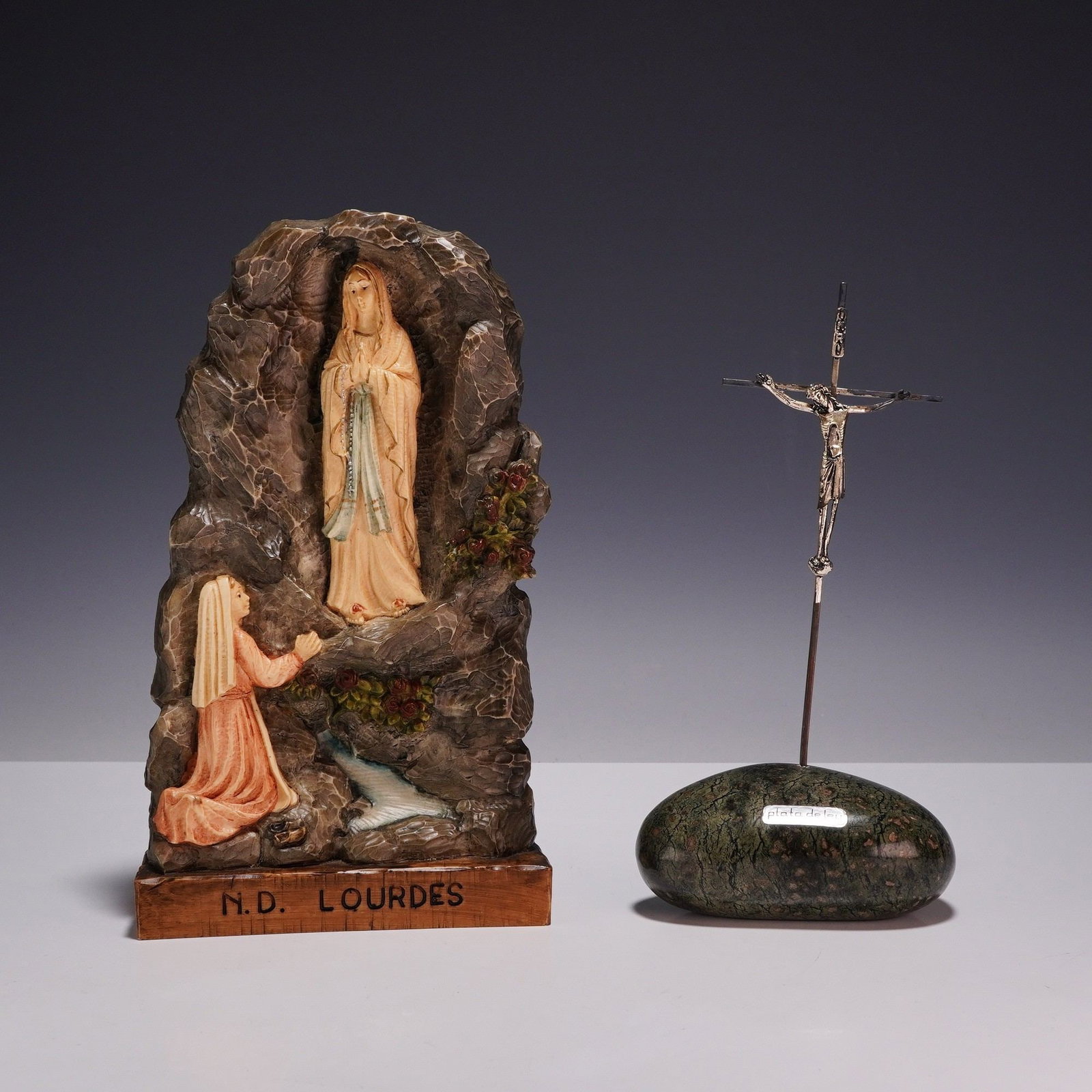 2pc Catholic Devotional Objects, Carved Our Lady de Lourdes Figurine and a Silver Crucifix on Stone (1 of 6)