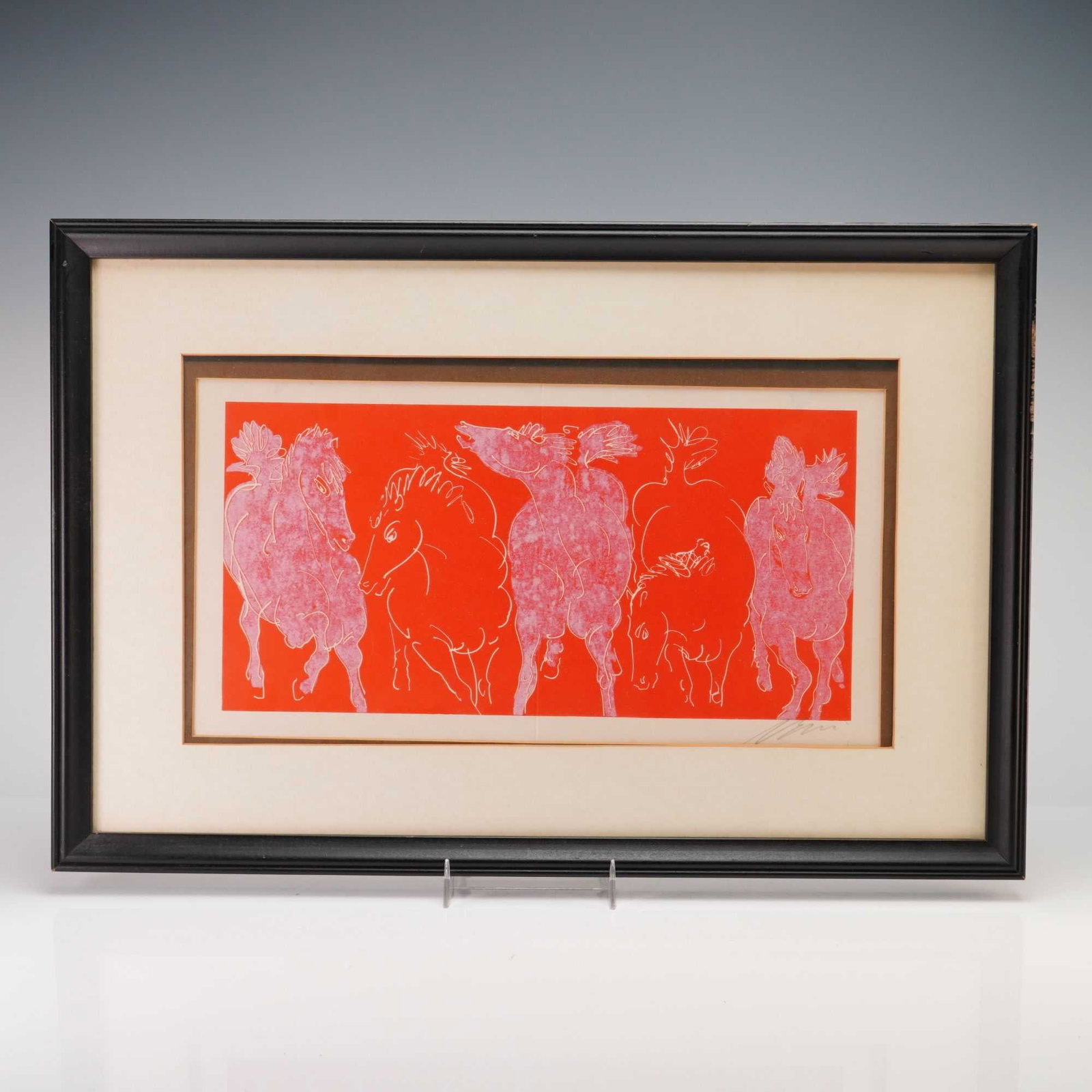 Hans Erni Lithograph on Japon Nacre, Five Horses, Signed: This color lithograph by Erni, Hans, titled Japon Nacre depicts a stylized grouping of five horses in motion. The work is printed in orange-red with a textured mottled pink overprint. It is
