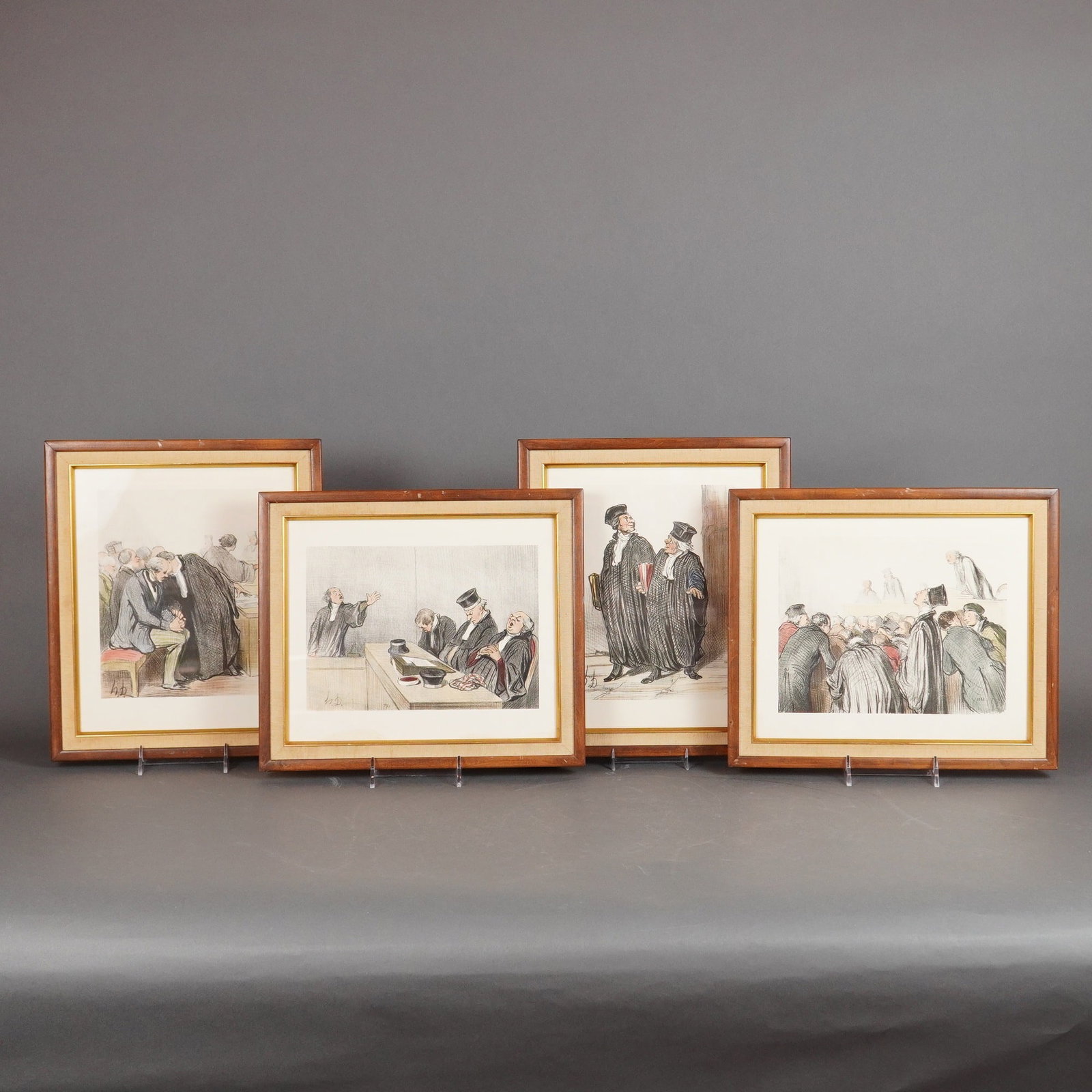 4pc Honore Daumier Framed Lithograph Prints Les Gens de Justice Series: Four framed lithograph prints attributed to the French artist Honore Daumier 1808-1879. These framed prints depict scenes from his renowned Les Gens de Justice The People of Justice series often
