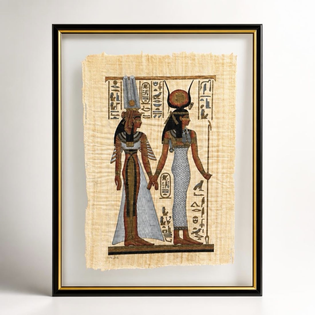 Atef El-Santawy (Egyptian, 20th/21st Century), Gouache on Papyrus of Queen Nefertari and Goddess: This large hand painted gouache on papyrus Egyptian painting depicts a scene in the traditional New Kingdom style, likely inspired by the murals in the Tomb of Nefertari. The composition features