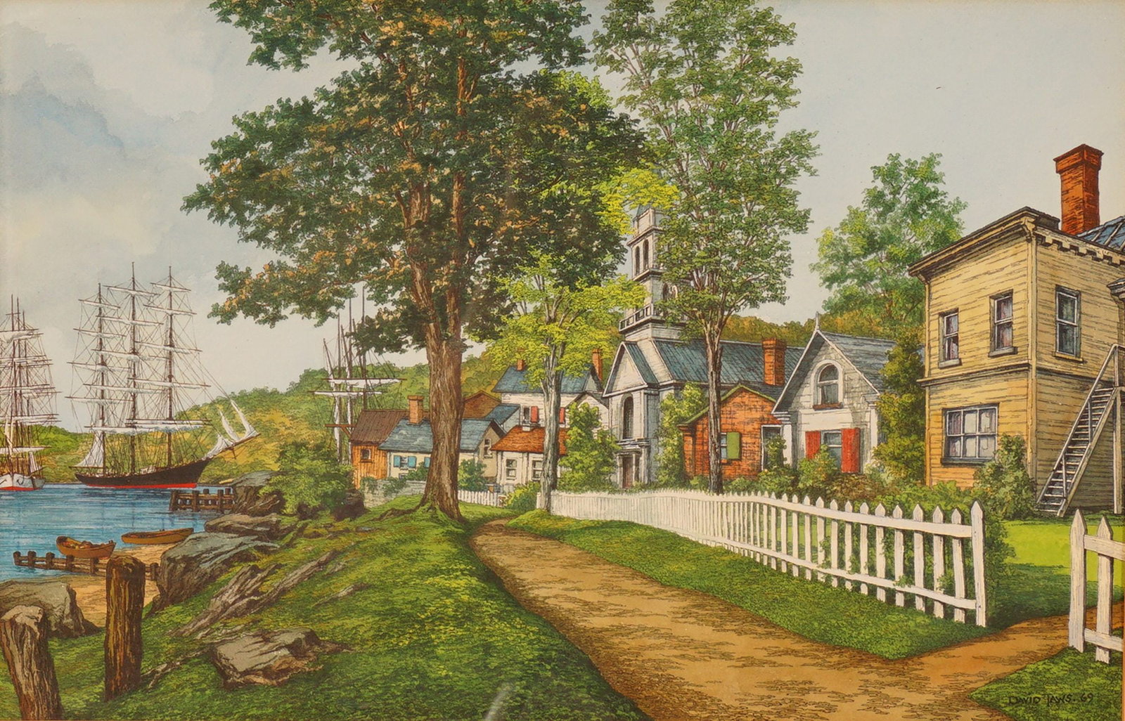David Taws, Watercolor and Ink Painting, New England Harbor, Signed: Original watercolor and ink painting by American watercolor artist David Taws. This picturesque coastal village scene captures a serene New England harbor with tall ships docked along a rocky