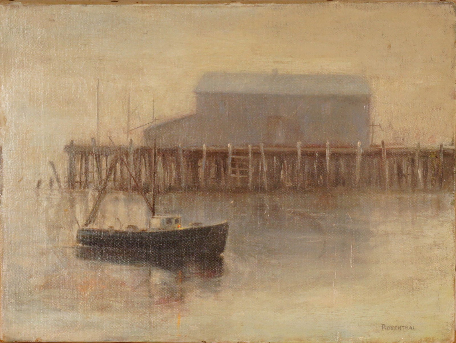 Mid-Century Oil on Canvas Painting, Harbor Scene, Signed Rosenthal: Evoking the quiet beauty of a misty morning by the sea, this serene oil painting captures a solitary fishing boat resting beside a weathered pier. Rendered in soft tones of gray, blue, and ochre, the 