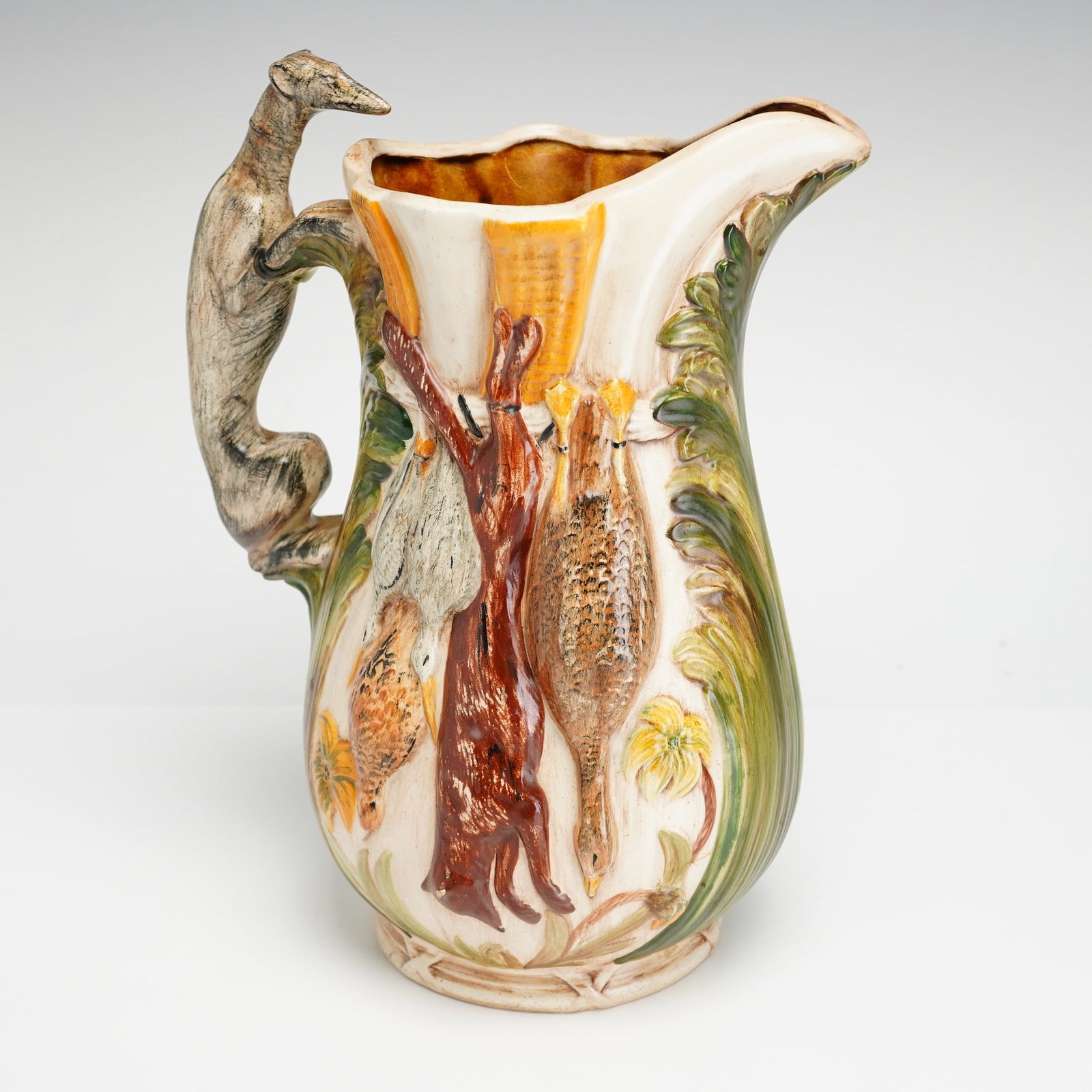 Vintage Hunting Ceramic Pitcher with Greyhound Handle, Signed (1 of 3)