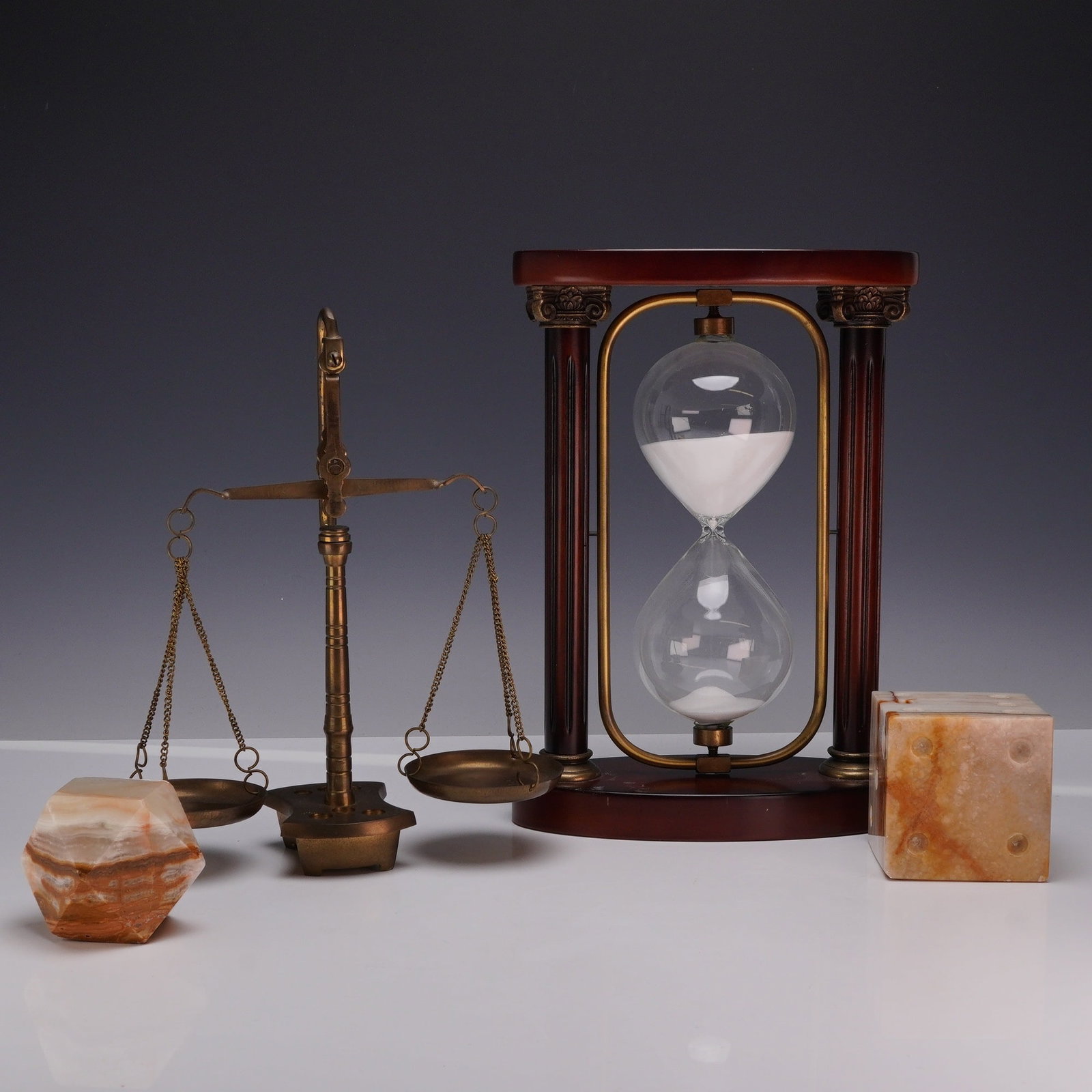 4pc Decorative Desk Set, Brass Balance Scale, Paperweights, and Hourglass (1 of 3)