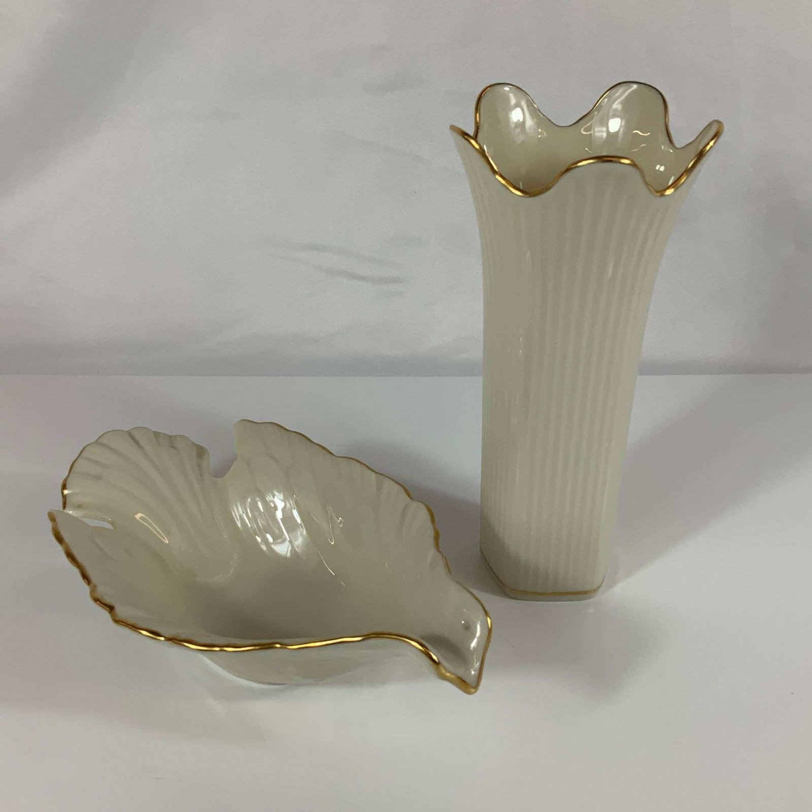 Two Lenox Ivory Porcelain Pieces with 24 Karat Gold Trim Including Dove Dish and Meridian Vase (1 of 3)