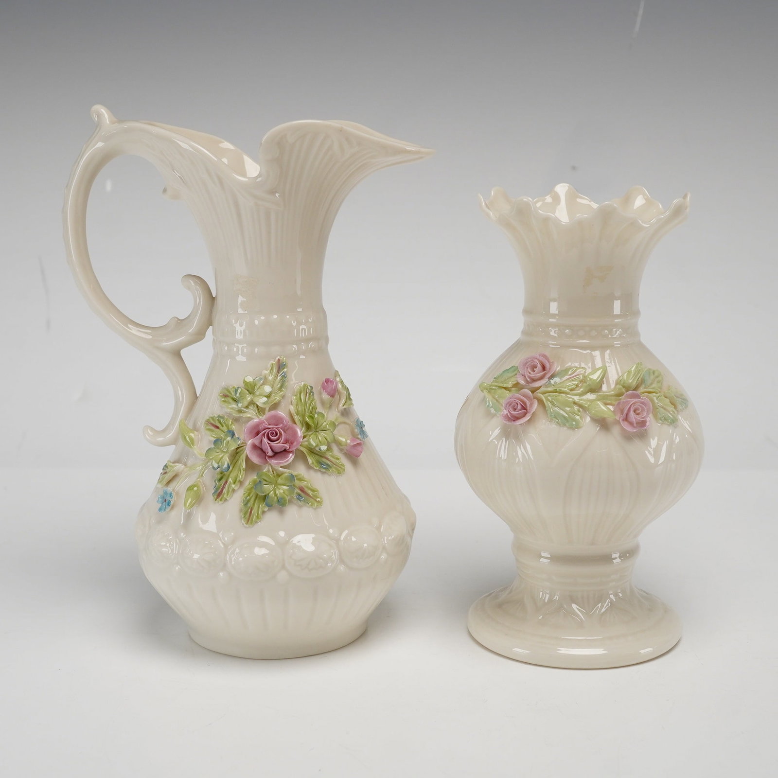 Two Belleek Parian Porcelain Floral Encrusted Vessels including Aberdeen Pitcher (1 of 3)