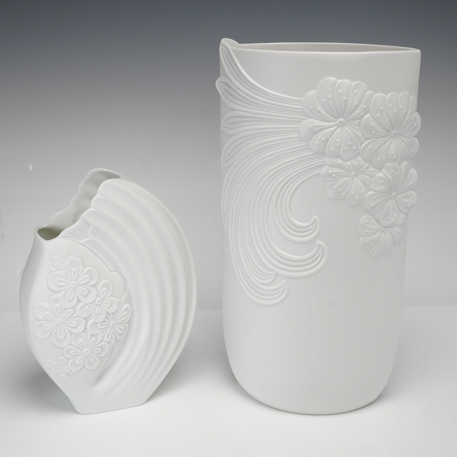 Two Piece Kaiser Germany White Bisque Porcelain Floral Relief Vases by Manfred Frey (1 of 4)