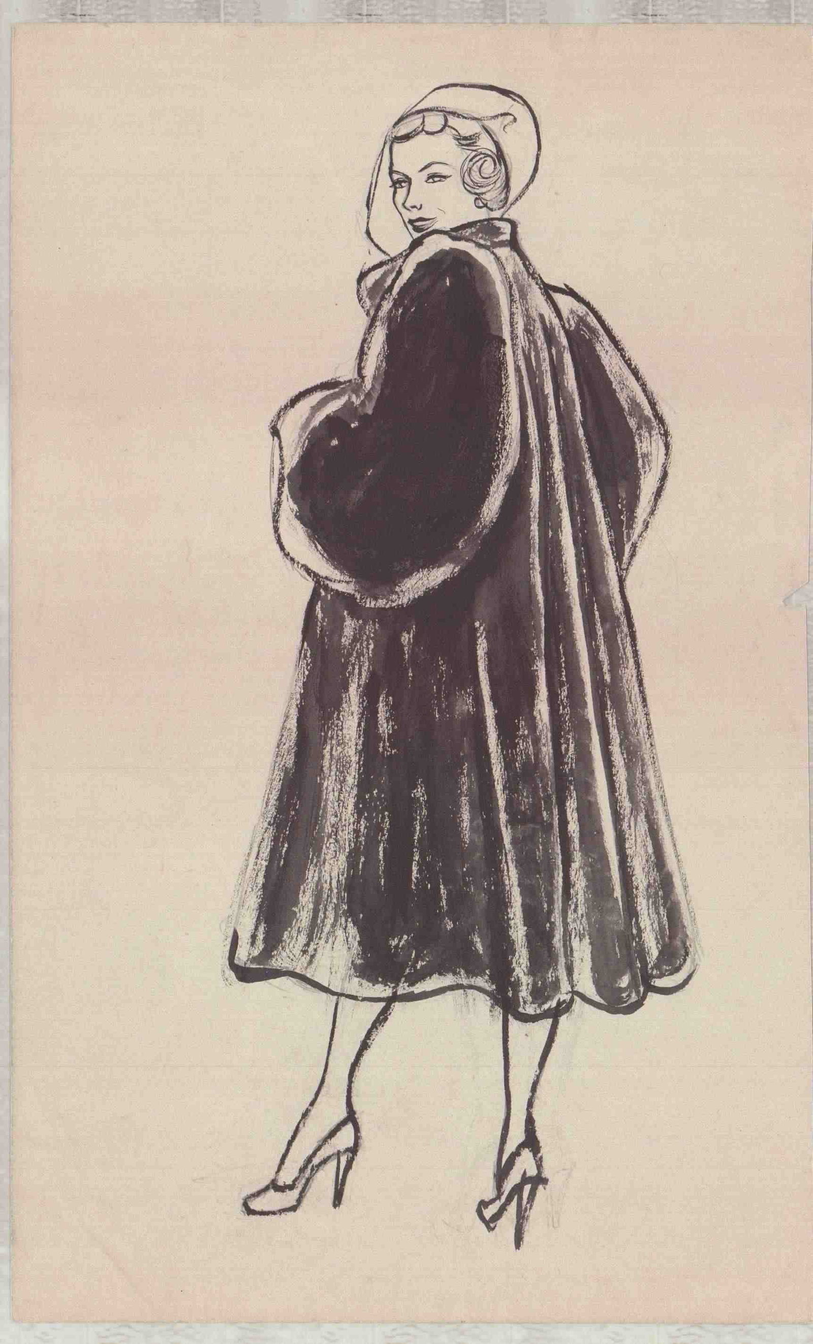 Wayne Hall American Original Drawing Illustration Woman in Fur Coat (1 of 1)