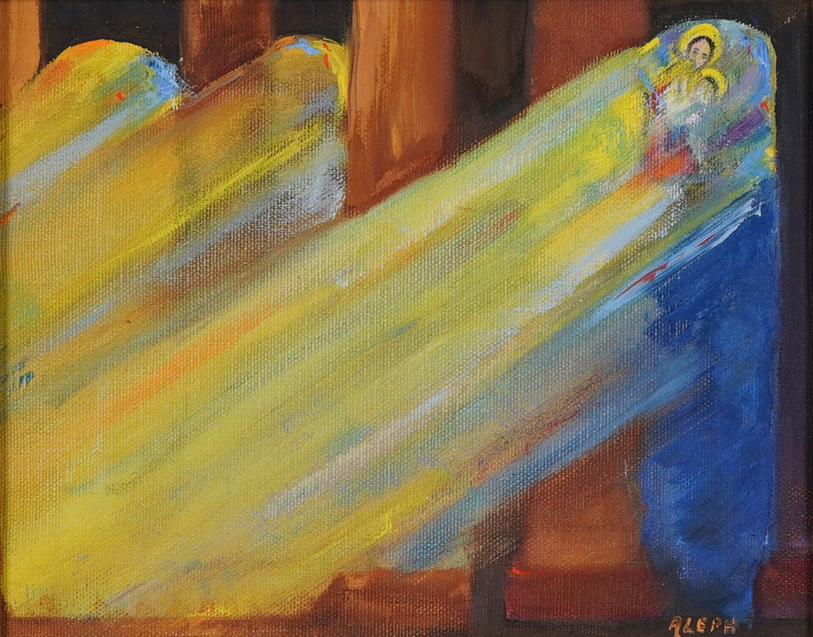 Rafael Aleph Postmodern Abstract Figurative Acrylic Painting: This postmodern abstract figurative acrylic painting on canvas depicts a stylized religious scene, likely a Madonna and Child, integrated with bold diagonal beams of yellow and orange light. The work 