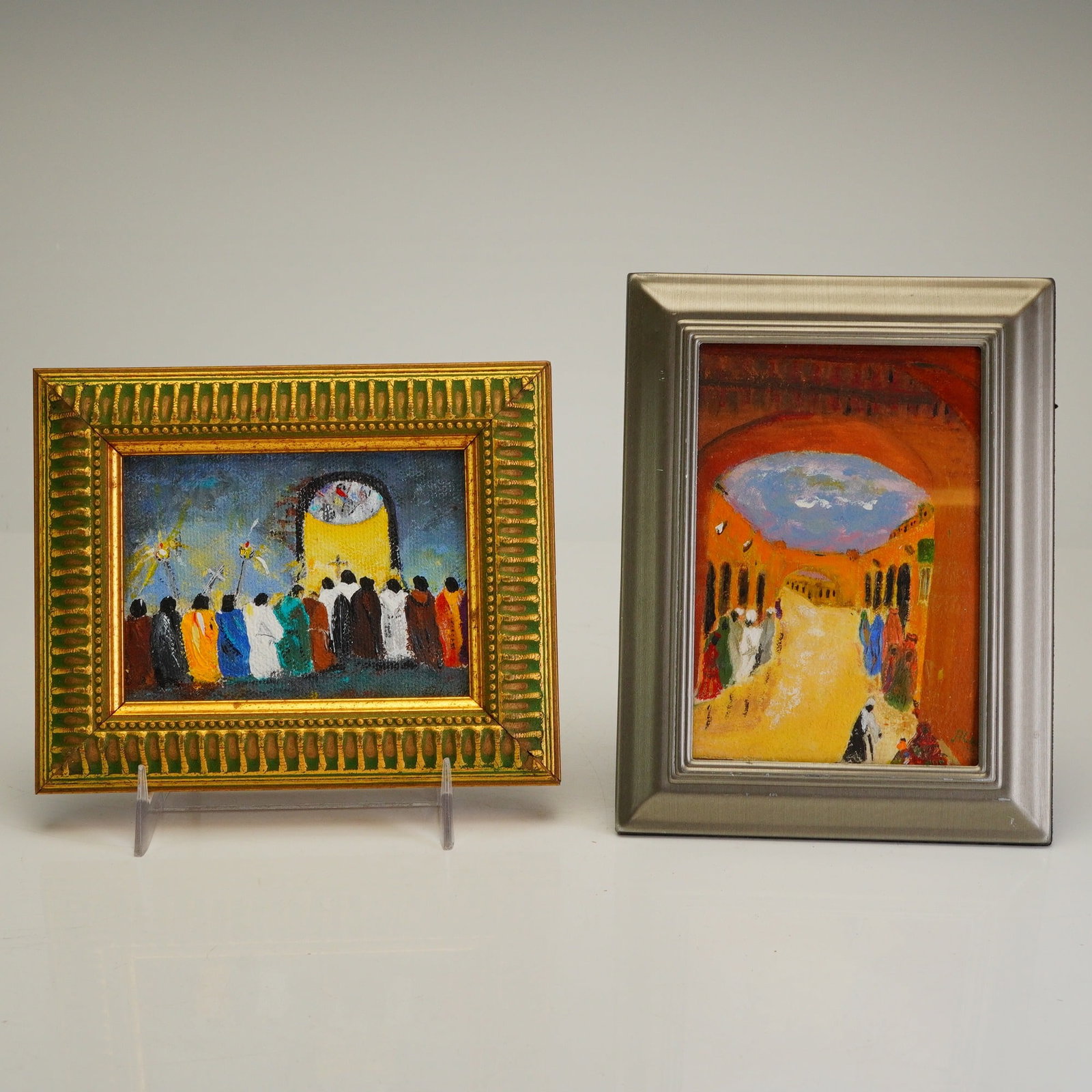 2pc Rafael Aleph Framed Acrylic and Oil Paintings: A pair of miniature acrylic and oil paintings by the artist Rafael Aleph, comprising one work on canvas and one on paper. Each composition is rendered in a vivid, expressive palette. The horizontal ex