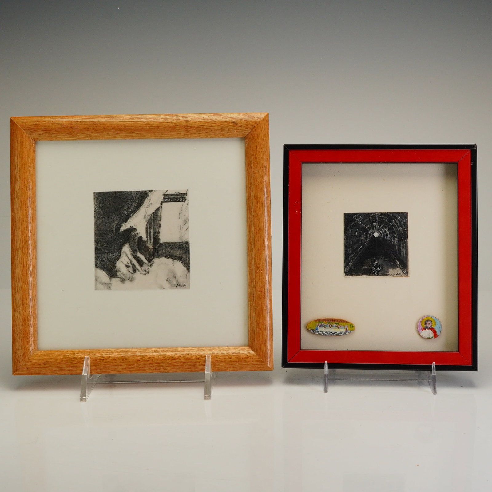2pc Rafael Aleph Framed Acrylic and Etched Artworks: A collection of three works by the artist Rafael Aleph, presented in two frames. The first is a black-and-red frame housing three pieces: a moody acrylic painting of a figure in a dark, arched tunnel,